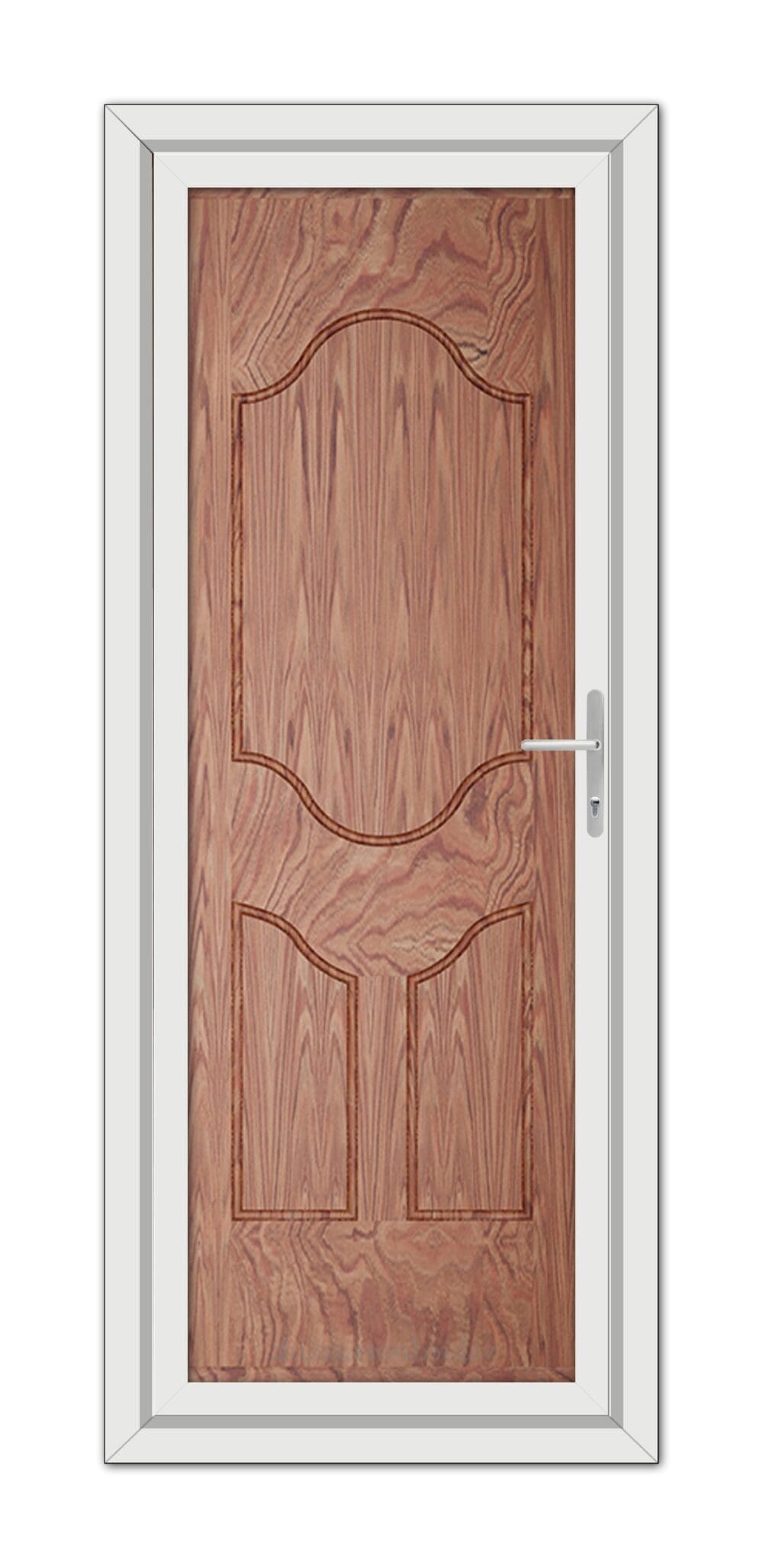 A Solid Oak Althorpe Solid uPVC Door with a prominent grain pattern, featuring an arched top panel, fitted within a white frame, equipped with a modern metal handle.