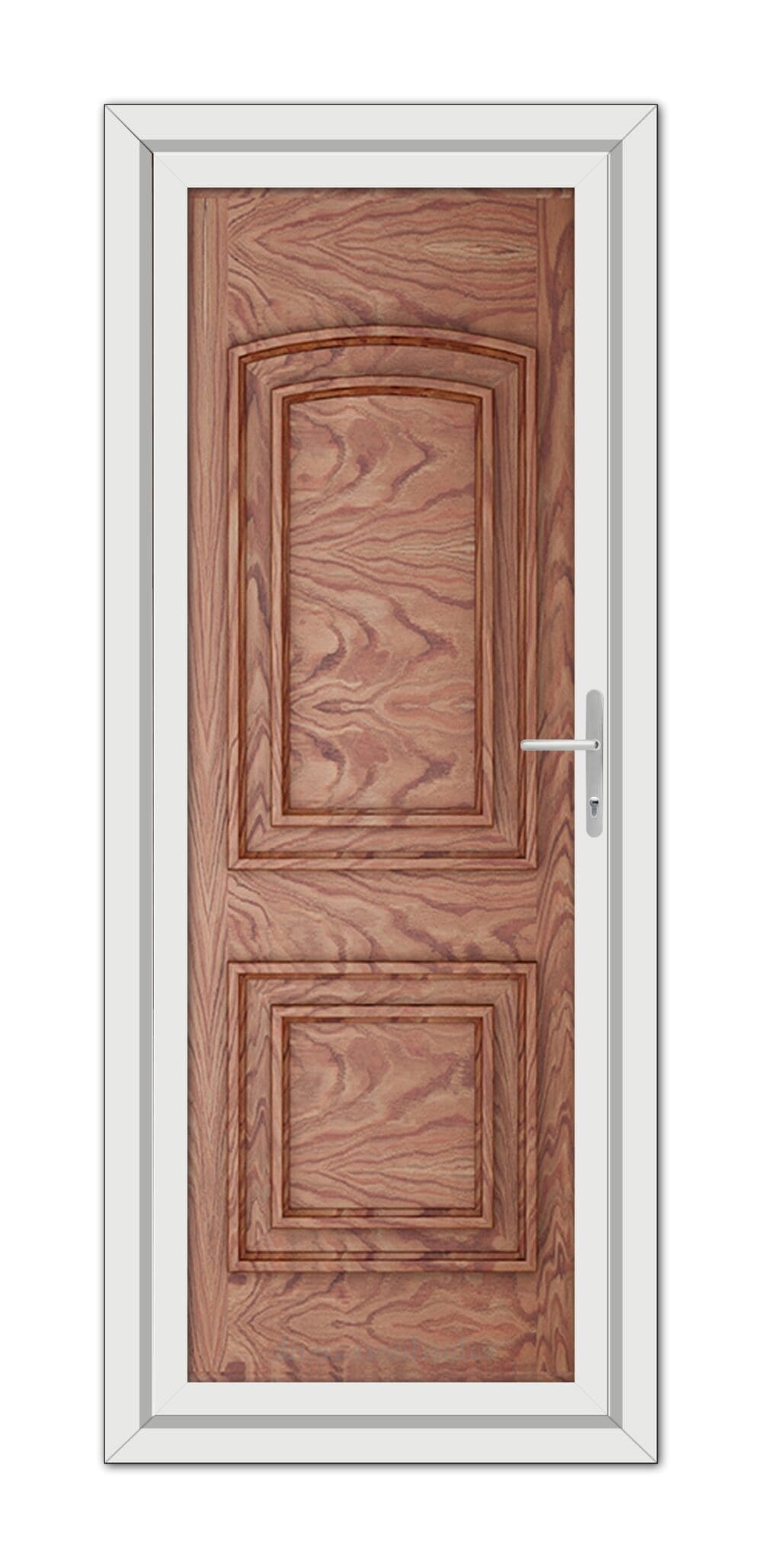 A Solid Oak Balmoral solid uPVC door with intricate grain patterns, featuring two recessed panels, set within a white door frame with a modern metal handle.