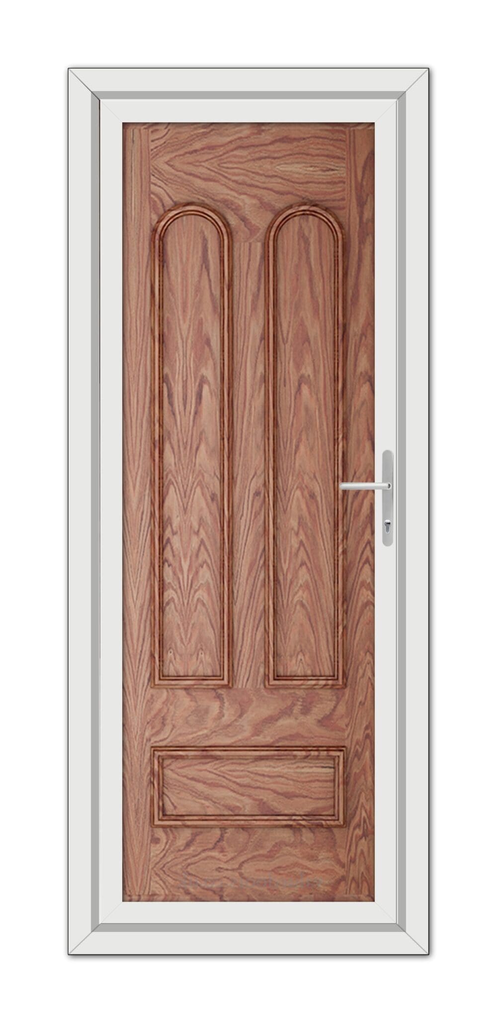 A closed Solid Oak Madrid Solid uPVC Door with panel designs, framed by a white door frame, featuring a metal handle on the right side.