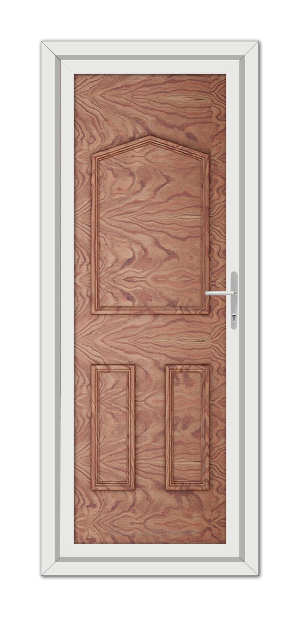 Vertical image of a closed Solid Oak Oxford Solid uPVC Door with rectangular panels and a metal handle, framed by a white door frame.