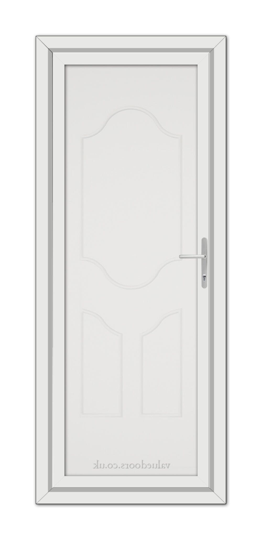 A vertical image of a closed White Althorpe Solid uPVC Door with a silver handle, set within a grey frame, presented against a white background.