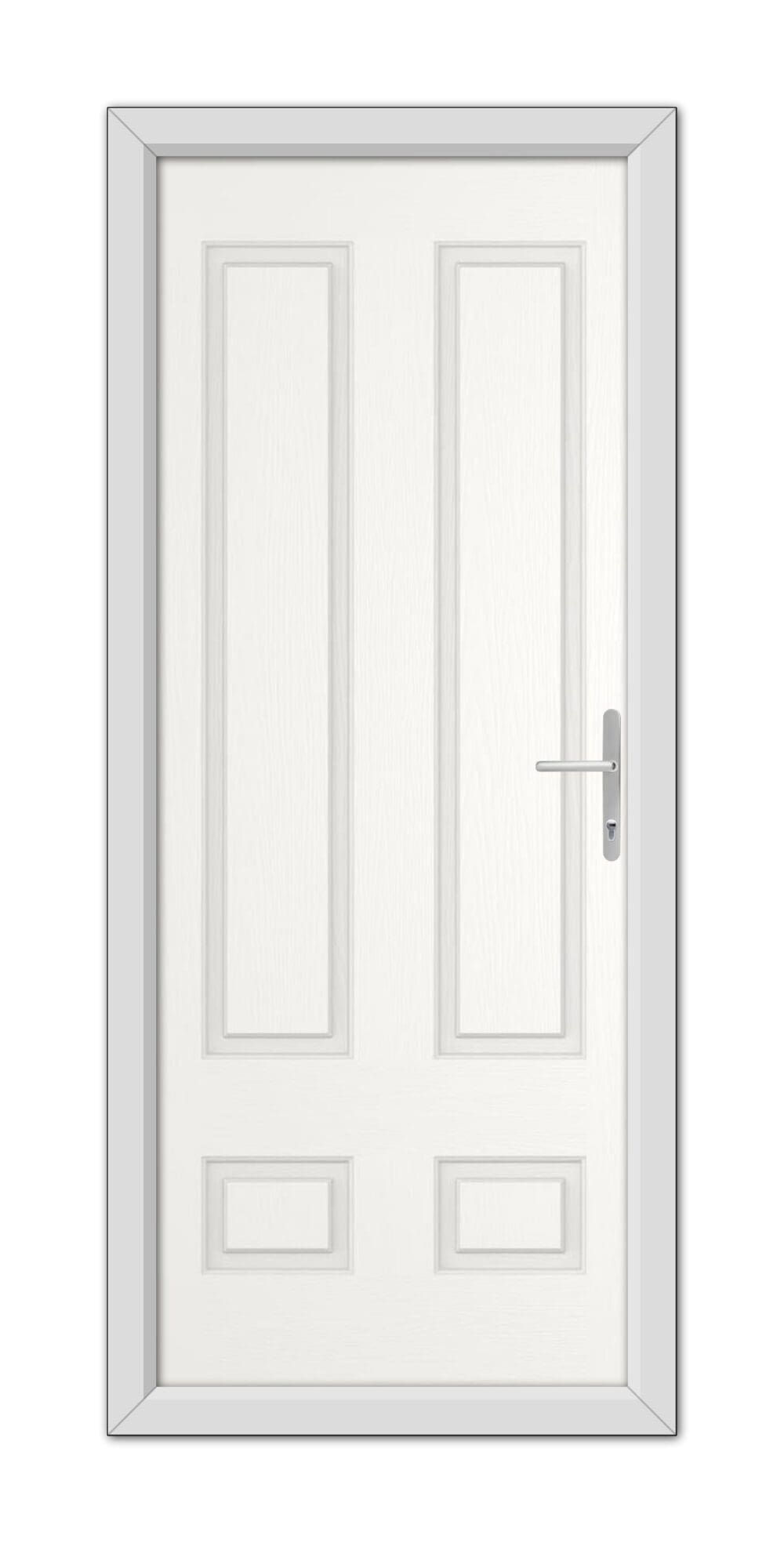 A White Aston Solid Composite Door 48mm Timber Core with a simple design featuring panels and a metallic handle, set within a plain frame.