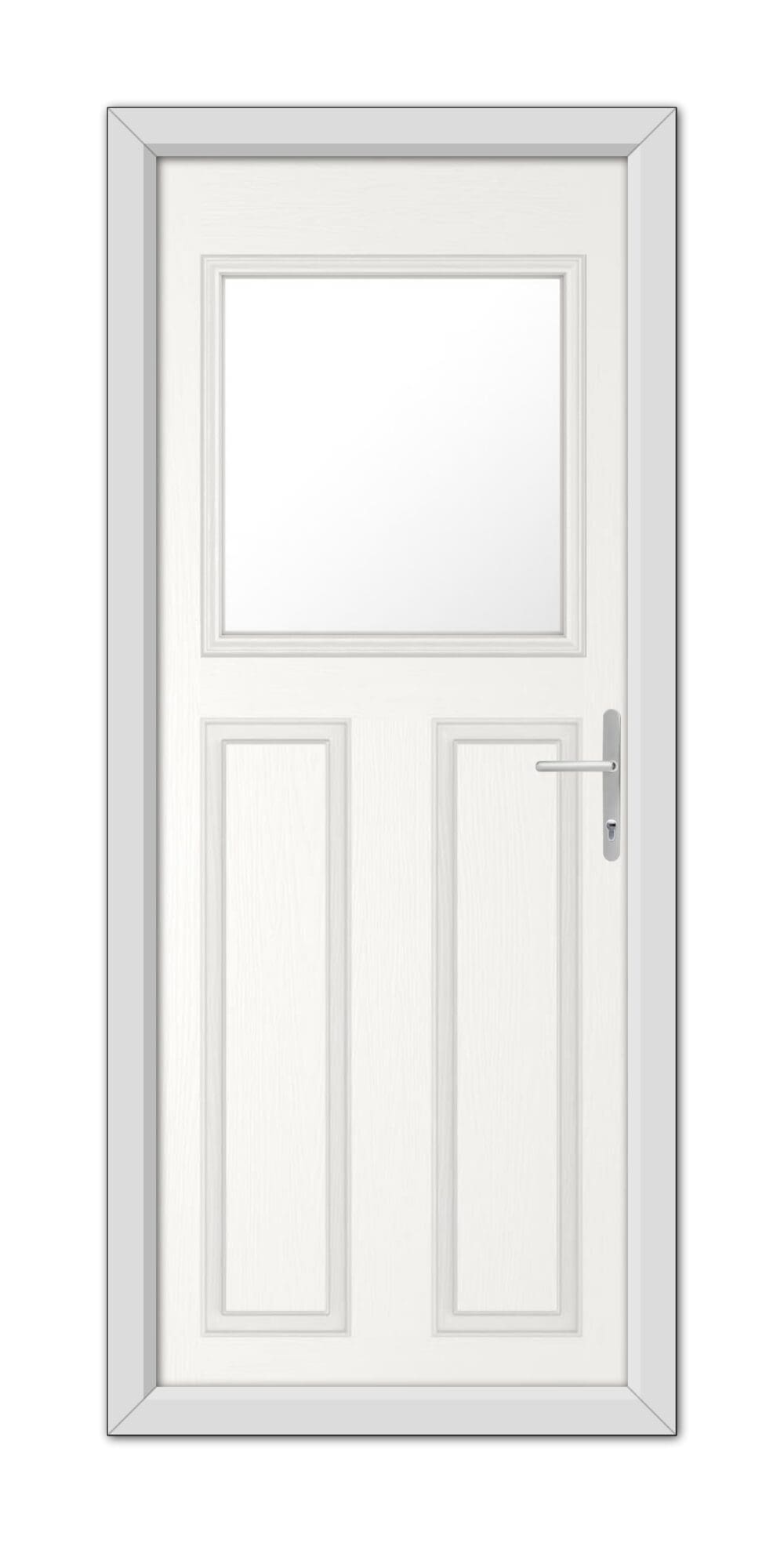 A White Axwell Composite Door 48mm Timber Core featuring a small square window at the top, two vertical panels below, and a metal handle on the right.