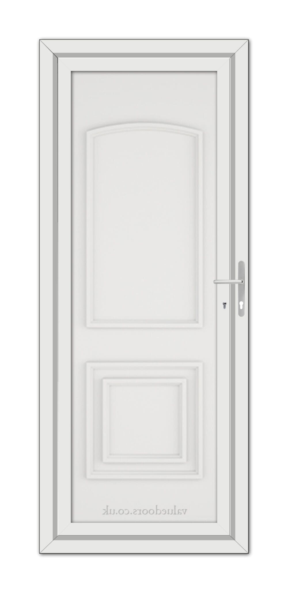 A White Balmoral Classic Solid uPVC Door with a simple lever handle and two recessed panels.