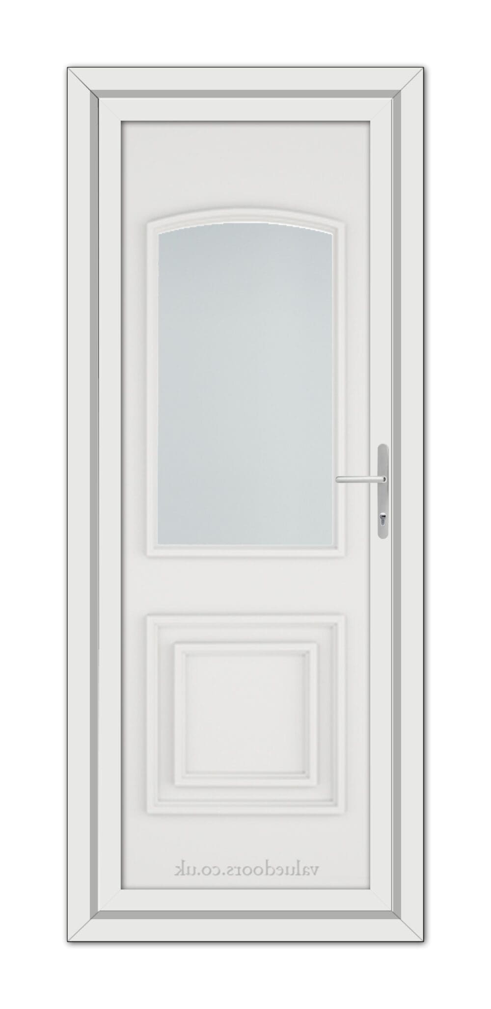 White Balmoral Classic uPVC Door featuring a vertical, oval glass panel at the top and a rectangular panel at the bottom, with a silver handle on the right.