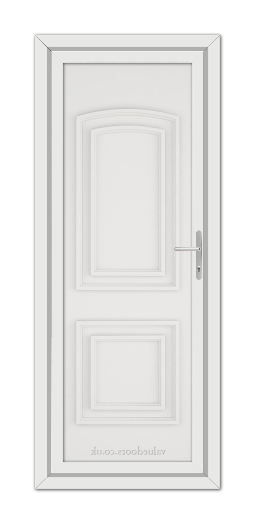 A vertical image of a closed White Balmoral Solid uPVC Door framed in the wall, featuring a rectangular handle on the right side.