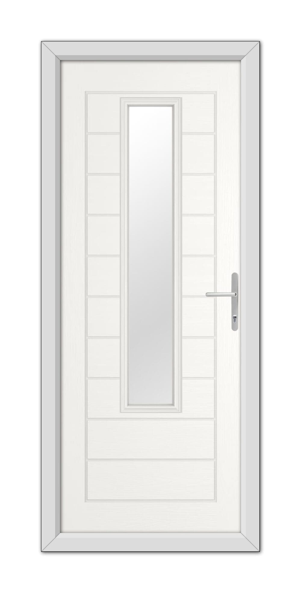 A White Bedford Composite Door 48mm Timber Core with a vertical rectangular glass panel and a metallic handle, surrounded by a simple frame.