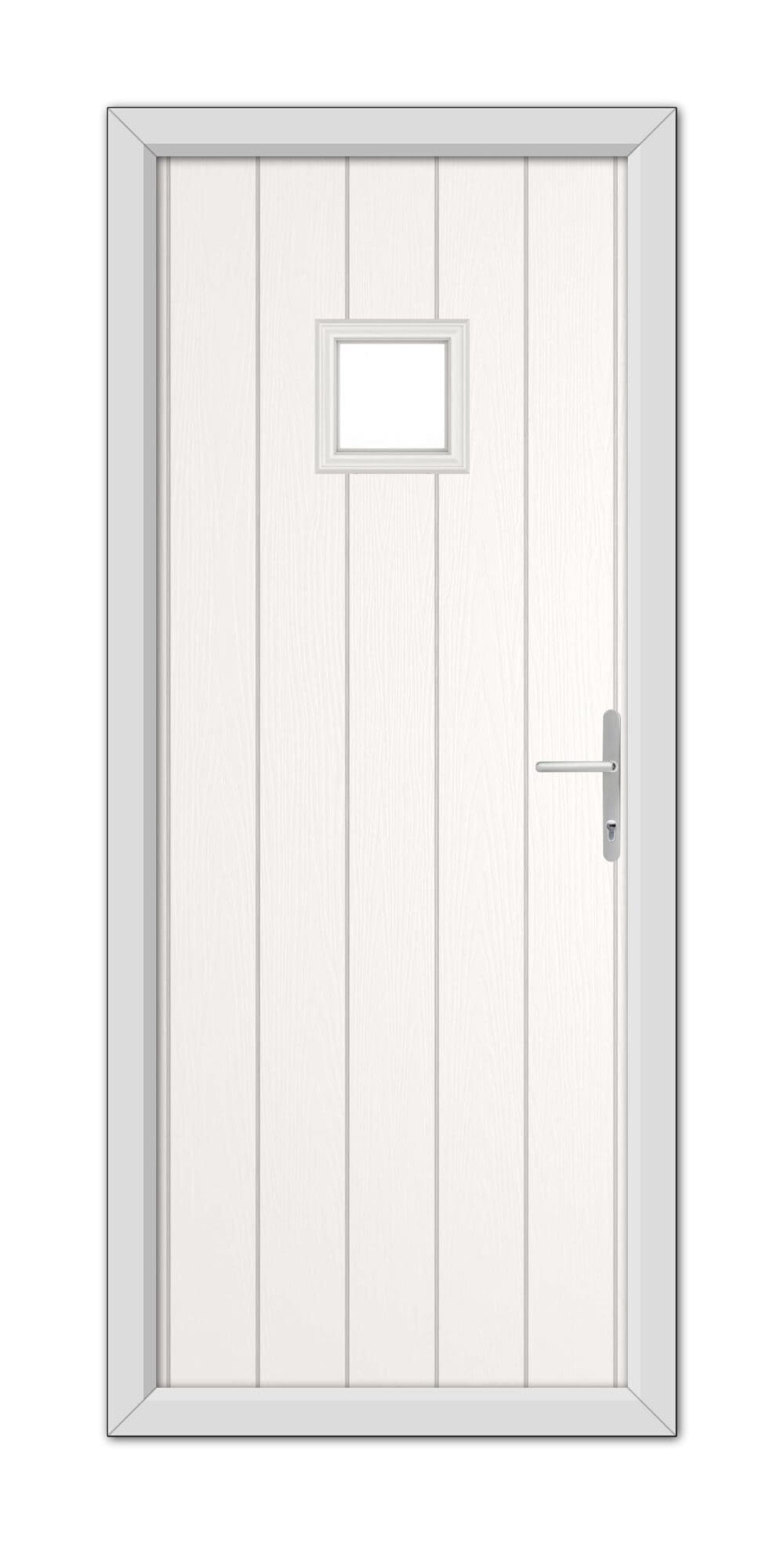 A modern White Brampton Composite Door 48mm Timber Core, featuring a rectangular frosted glass window and a sleek metallic handle, closed within a simple frame.