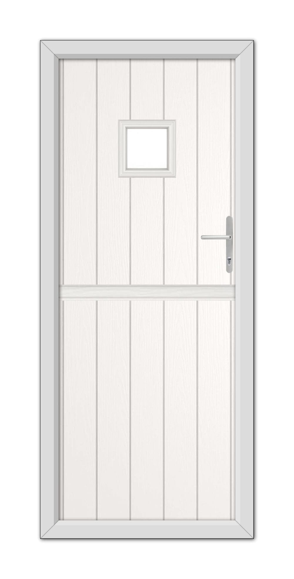 A modern White Brampton Stable Composite Door 48mm Timber Core with a rectangular window at the top, featuring a metal handle on the right side.