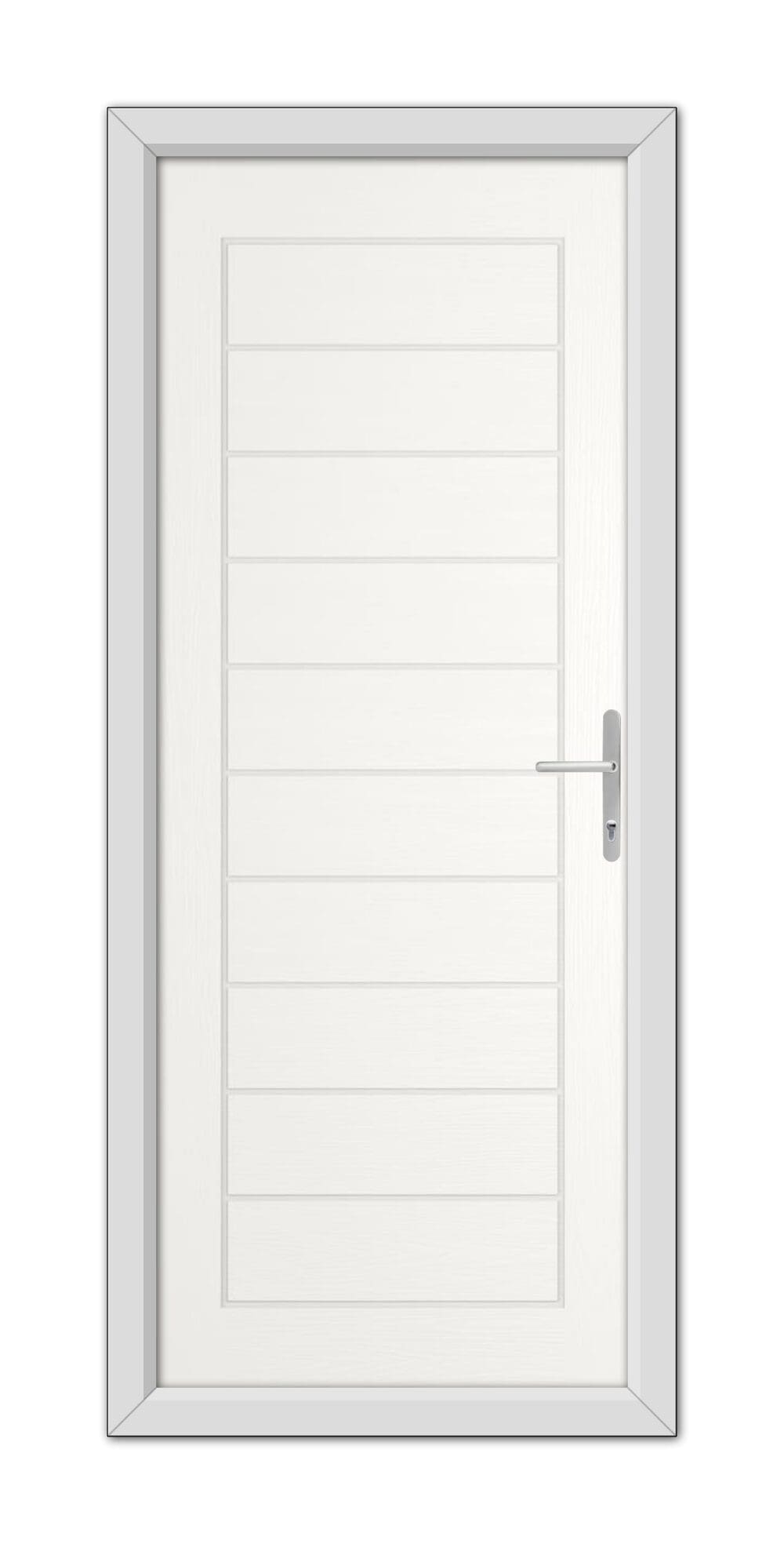 A modern White Cambridge Composite Door 48mm Timber Core with horizontal panels and a silver handle, framed within a simple white door frame.