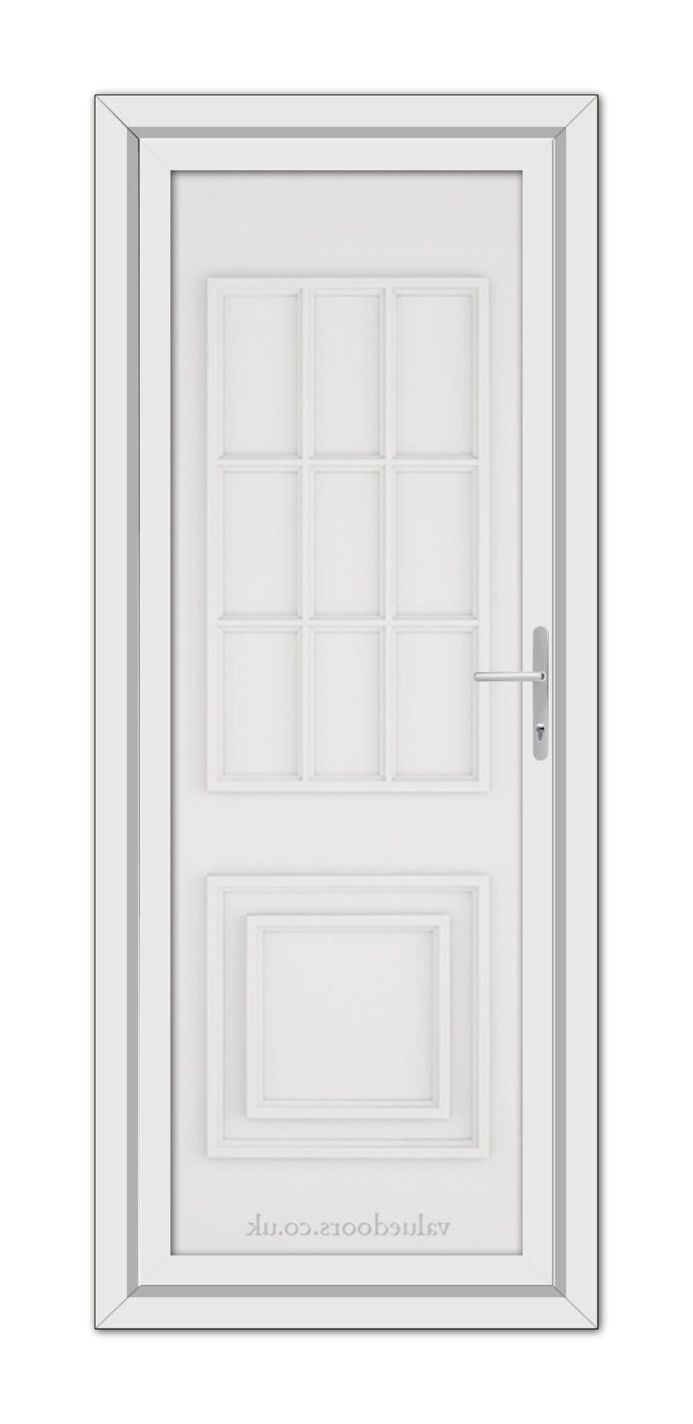 Closed white Cambridge One Solid uPVC door with a silver handle and multiple rectangular panels, encased in a frame, viewed from the front.