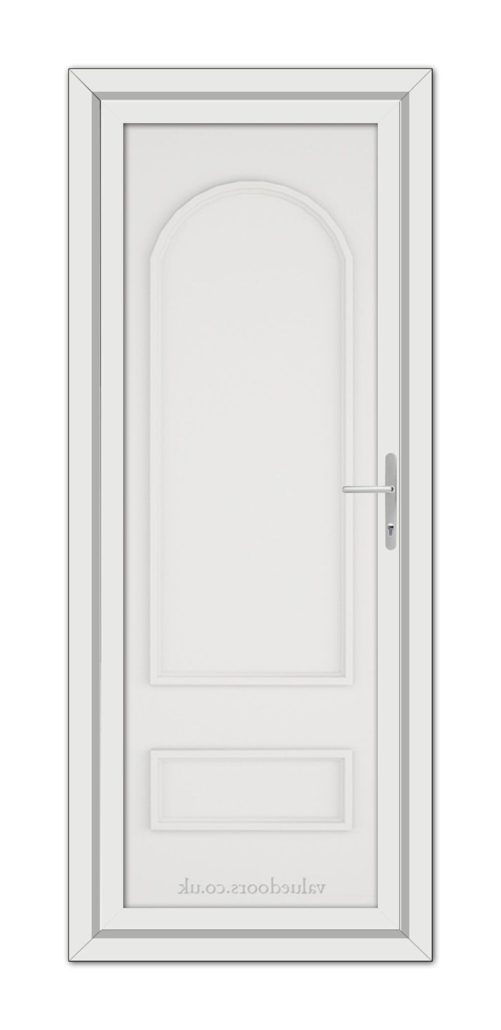 A White Canterbury Solid uPVC Door with an arched top and panels, featuring a silver handle on the right side, set within a simple grey frame.