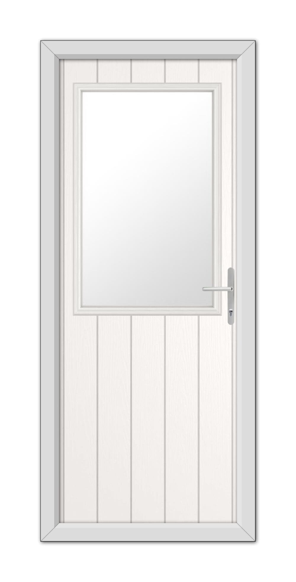 A White Clifton Composite Door 48mm Timber Core with a rectangular mirror in the center, featuring a metal handle on the right side.