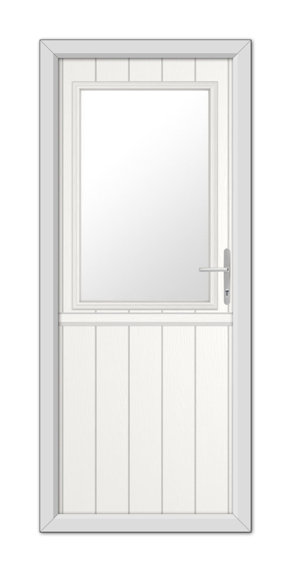 A White Clifton Stable Composite Door 48mm Timber Core with a closed panel, reflective glass, and a locking handle on the right side.