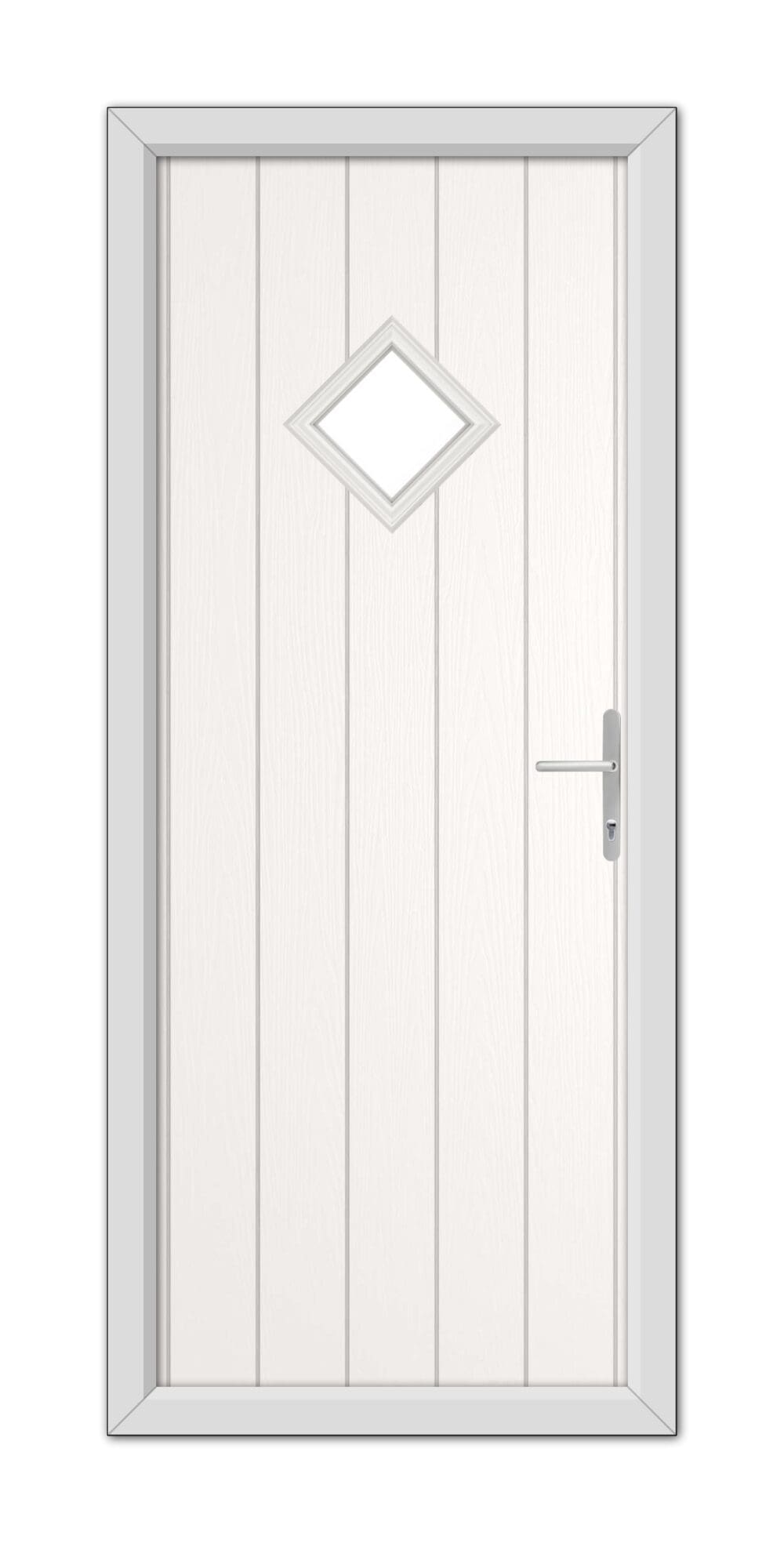 A White Cornwall Composite Door 48mm Timber Core with a diamond-shaped window at the top and a modern handle, set within a simple frame.