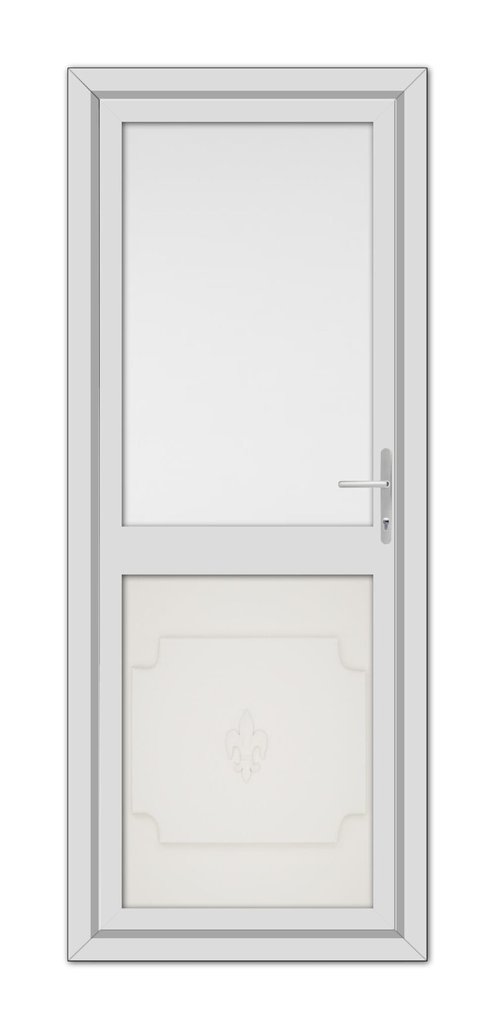 A modern White Cream Abbey Half uPVC Back Door featuring a square window at the top, a decorative raised panel at the bottom, and a metallic handle on the right side.