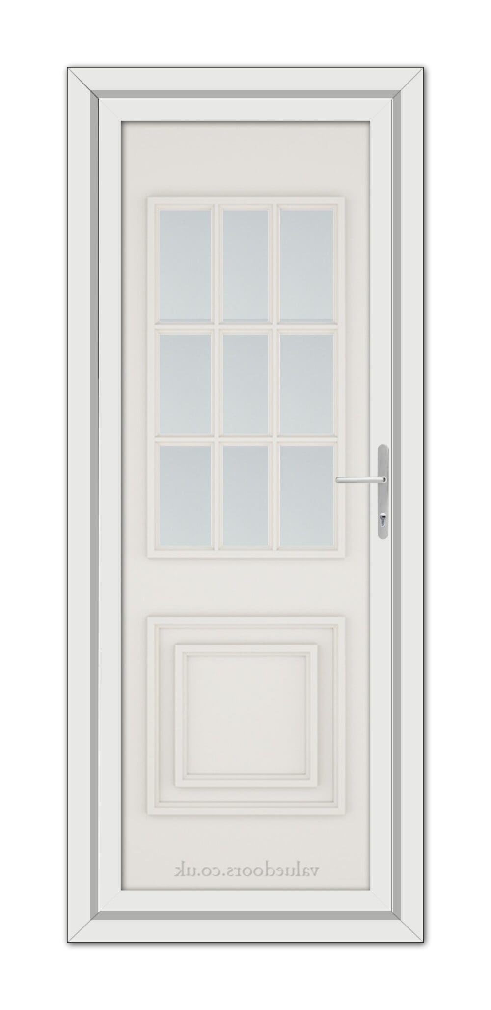 A vertical image of a closed White Cream Cambridge One uPVC Door with six frosted glass panes and a modern handle, set in a simple frame.