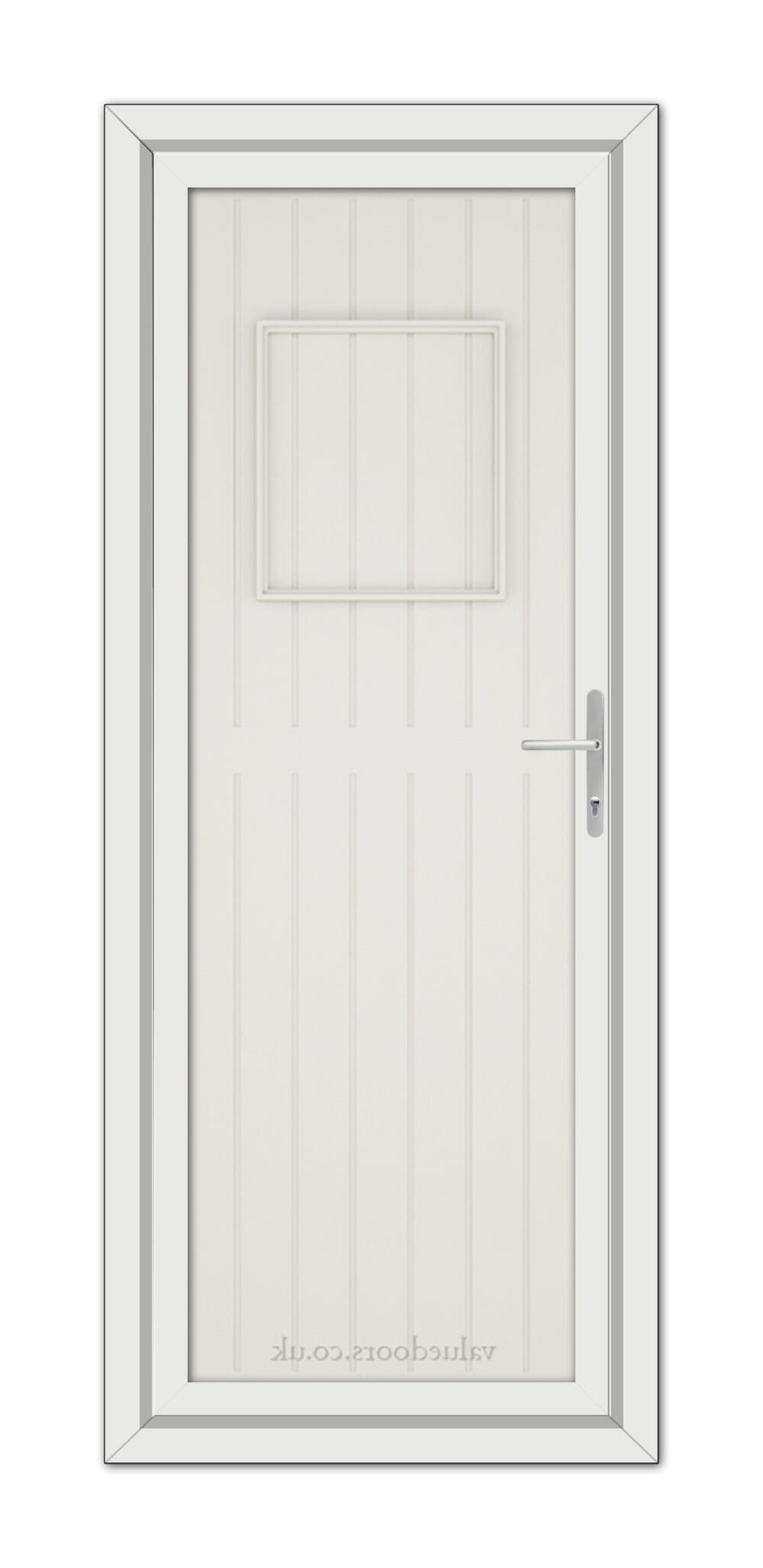 White Cream Chatsworth Solid uPVC Door with a small square window at the top and a metallic handle, set within a frame.