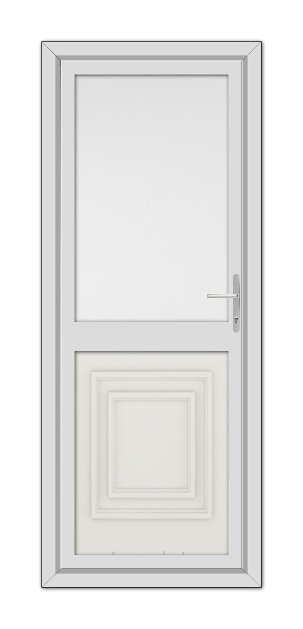 A modern White Cream Hannover Half uPVC Back Door with a metallic handle and a decorative rectangular panel at the bottom, isolated on a white background.