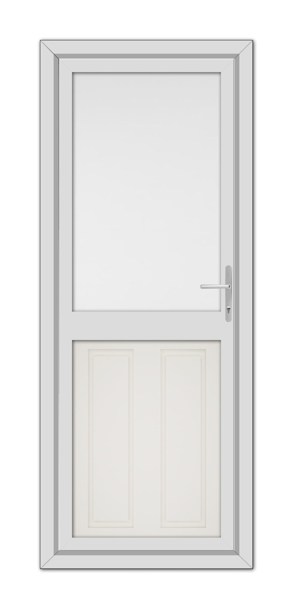 A White Cream Manor Half uPVC Back Door with a small window at the top, featuring a metal handle on the right side, set within a grey frame.