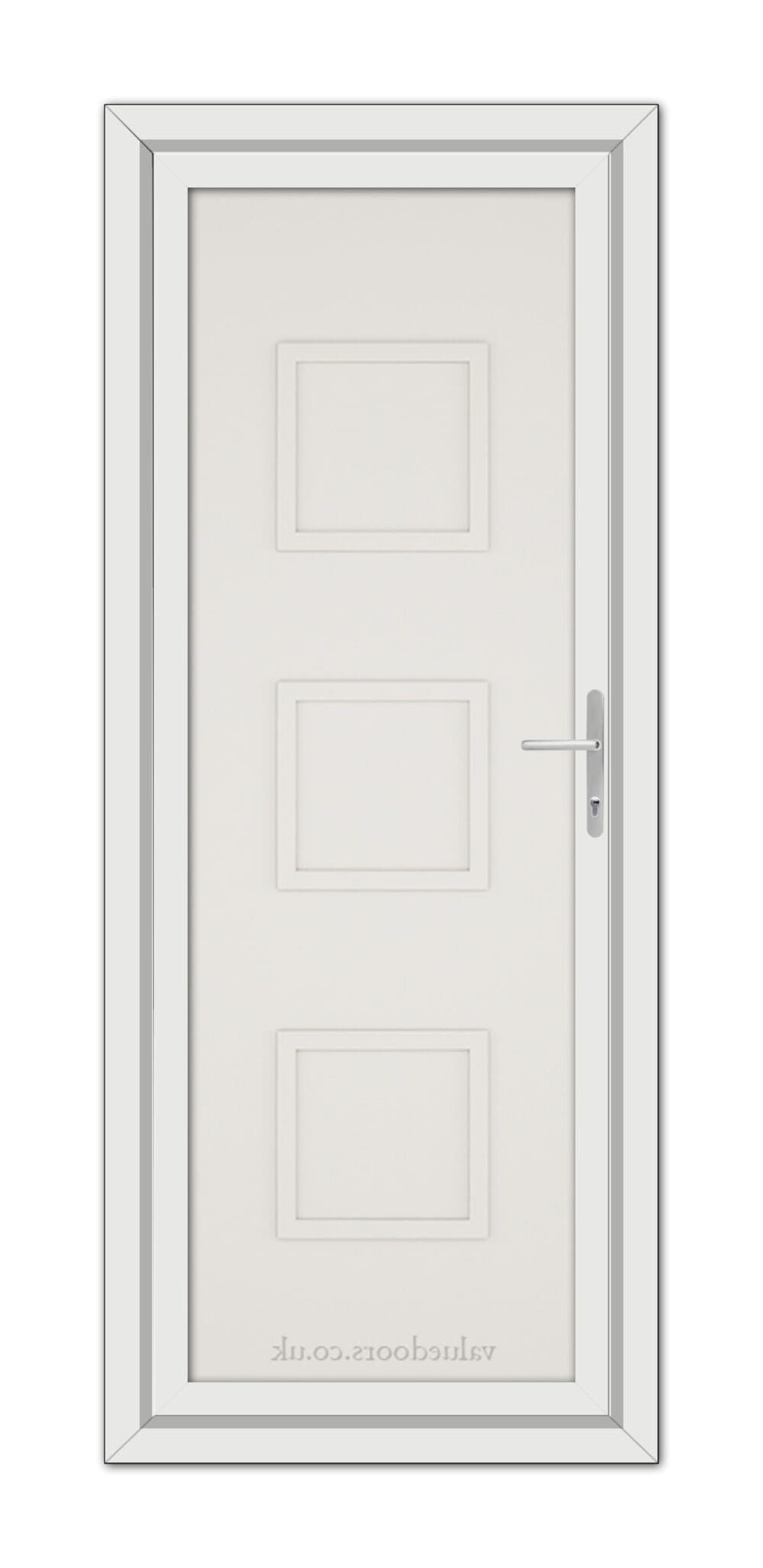 A vertical image of a closed White Cream Modern 5013 Solid uPVC Door featuring three rectangular panels and a metallic handle, set within a white frame.