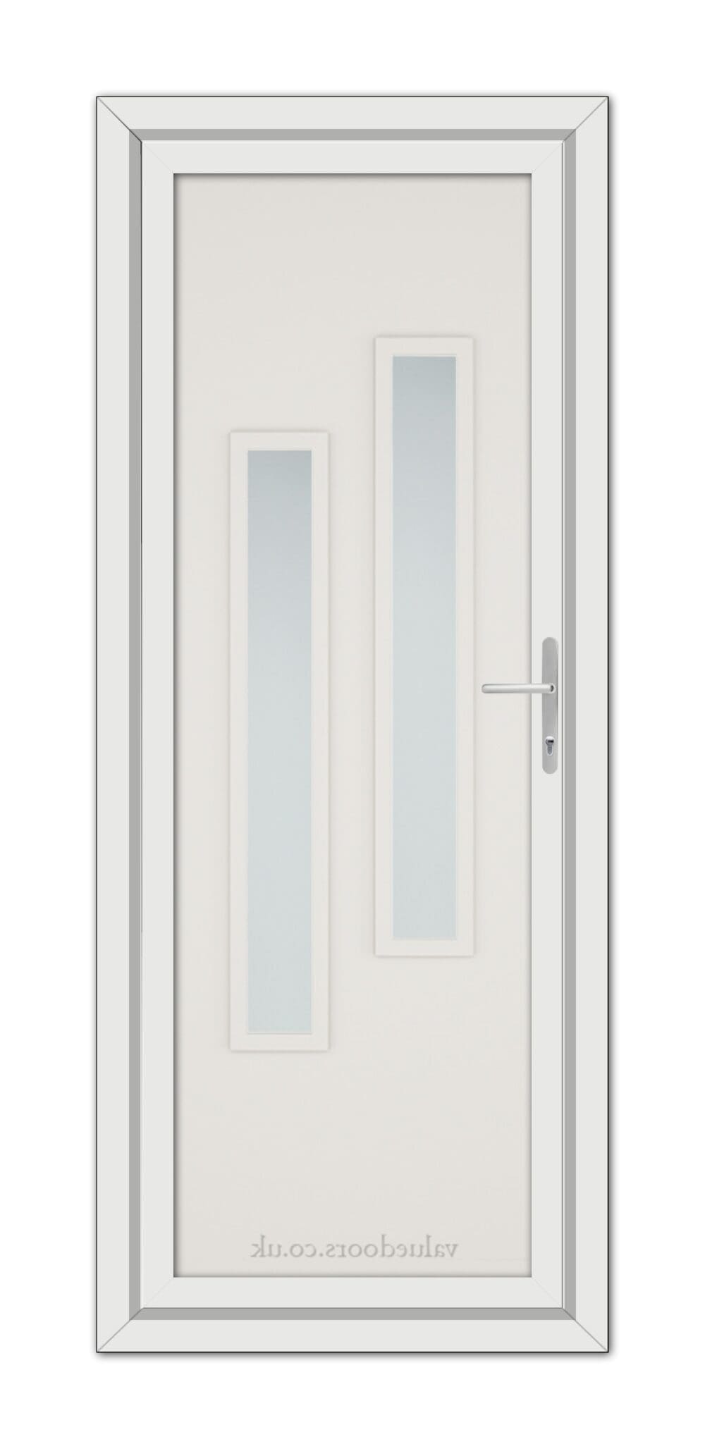 A White Cream Modern 5082 uPVC door featuring two vertical glass panels and a silver handle, set within a simple grey frame.