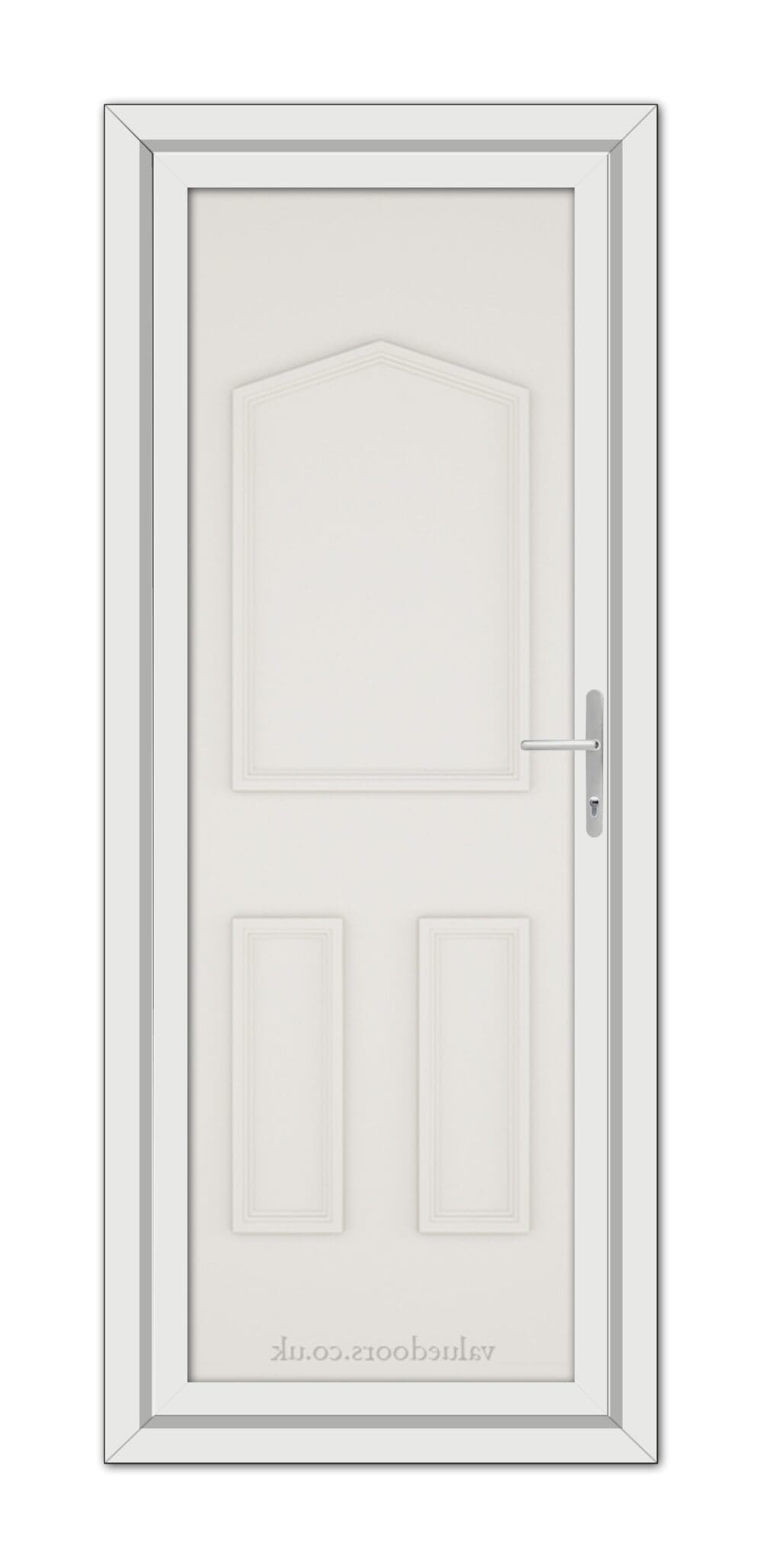 A White Cream Oxford Solid uPVC door with a silver handle.