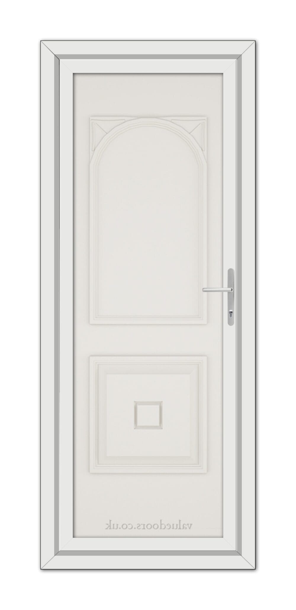 A White Cream Reims Solid uPVC Door with an arched top panel, a square bottom panel, and a metallic handle, set within a simple frame.