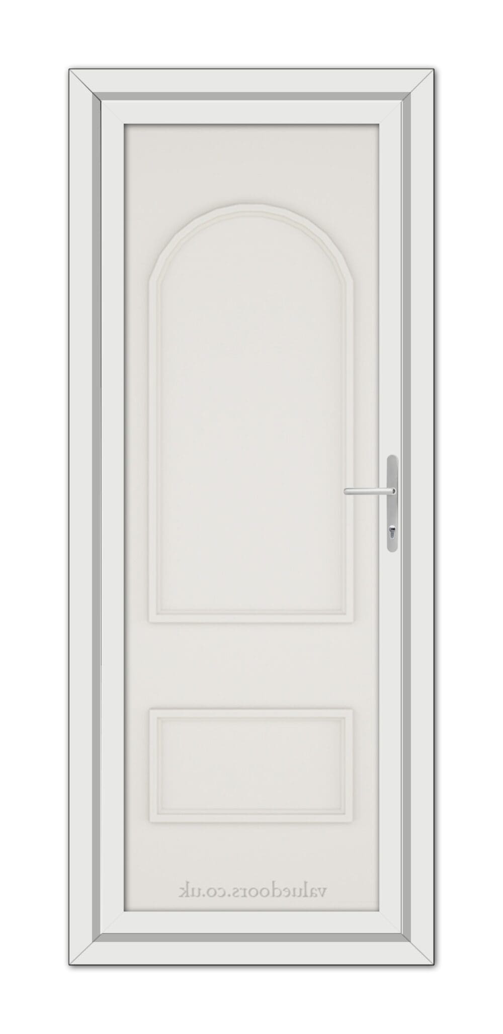 White Cream Rockingham Solid uPVC Door in a frame with a metallic handle, positioned vertically, featuring an arched upper panel and a rectangular lower panel.