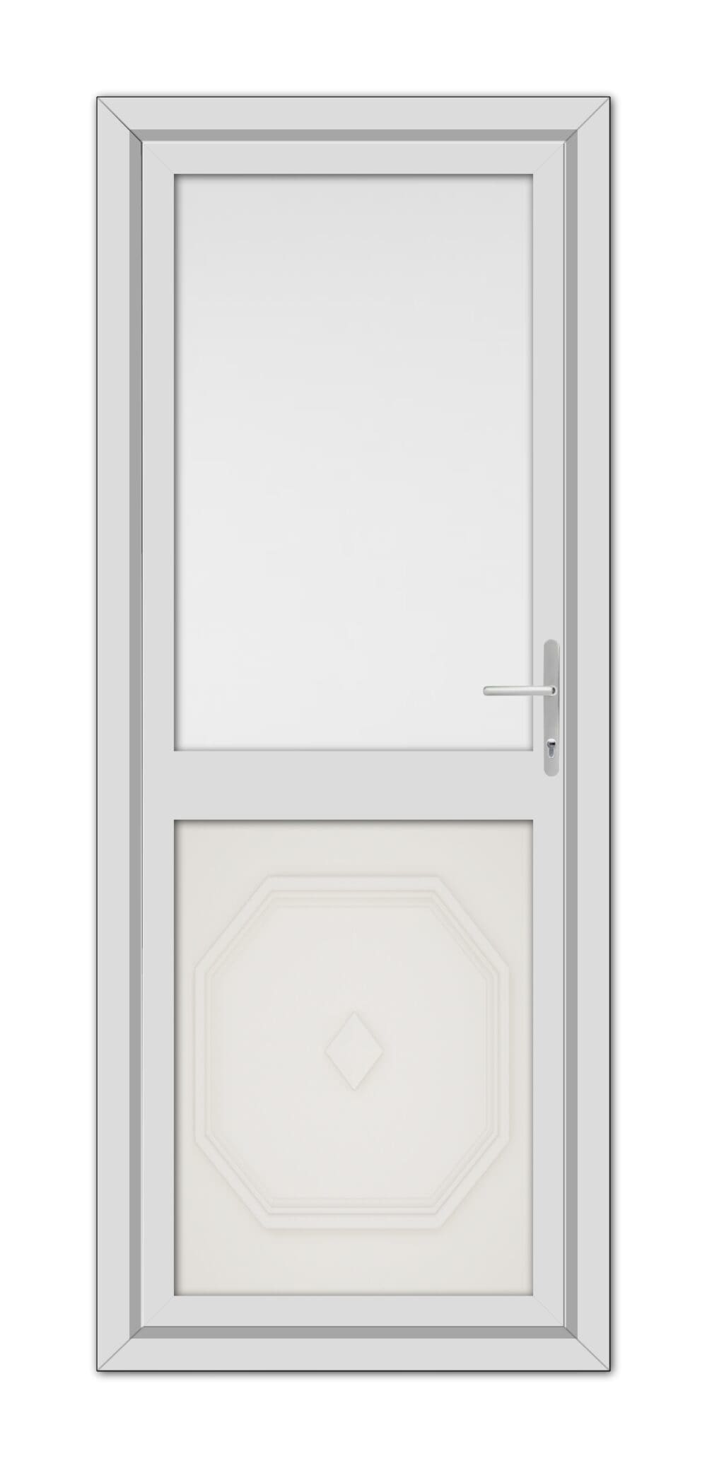 A White Cream Westminster Half uPVC Back Door with a geometric panel design at the bottom, a clear glass window at the top, and a silver handle, isolated on a white background.