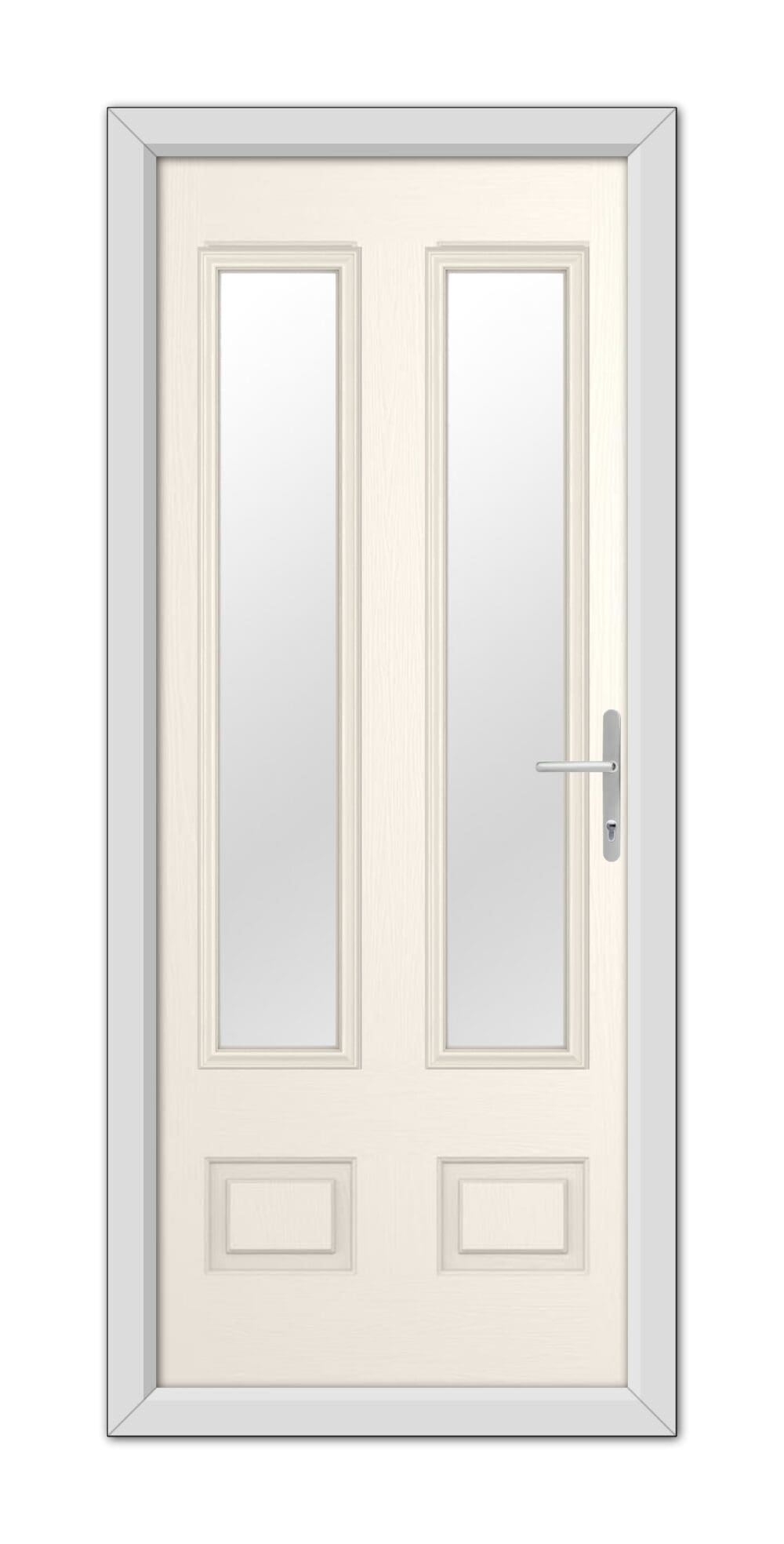 White Foil Aston Glazed 2 Composite Door 48mm Timber Core with frosted glass and a silver handle, set in a light gray frame.