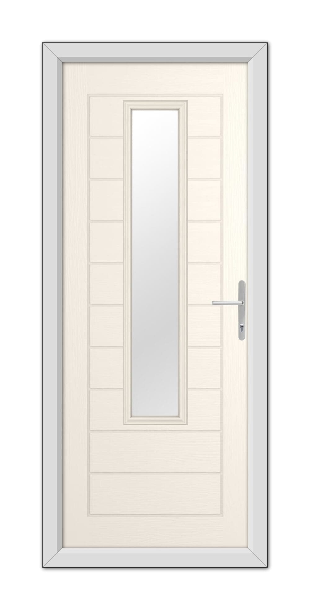 A White Foil Bedford Composite Door 48mm Timber Core with a vertical glass panel and silver handle, set in a white door frame.