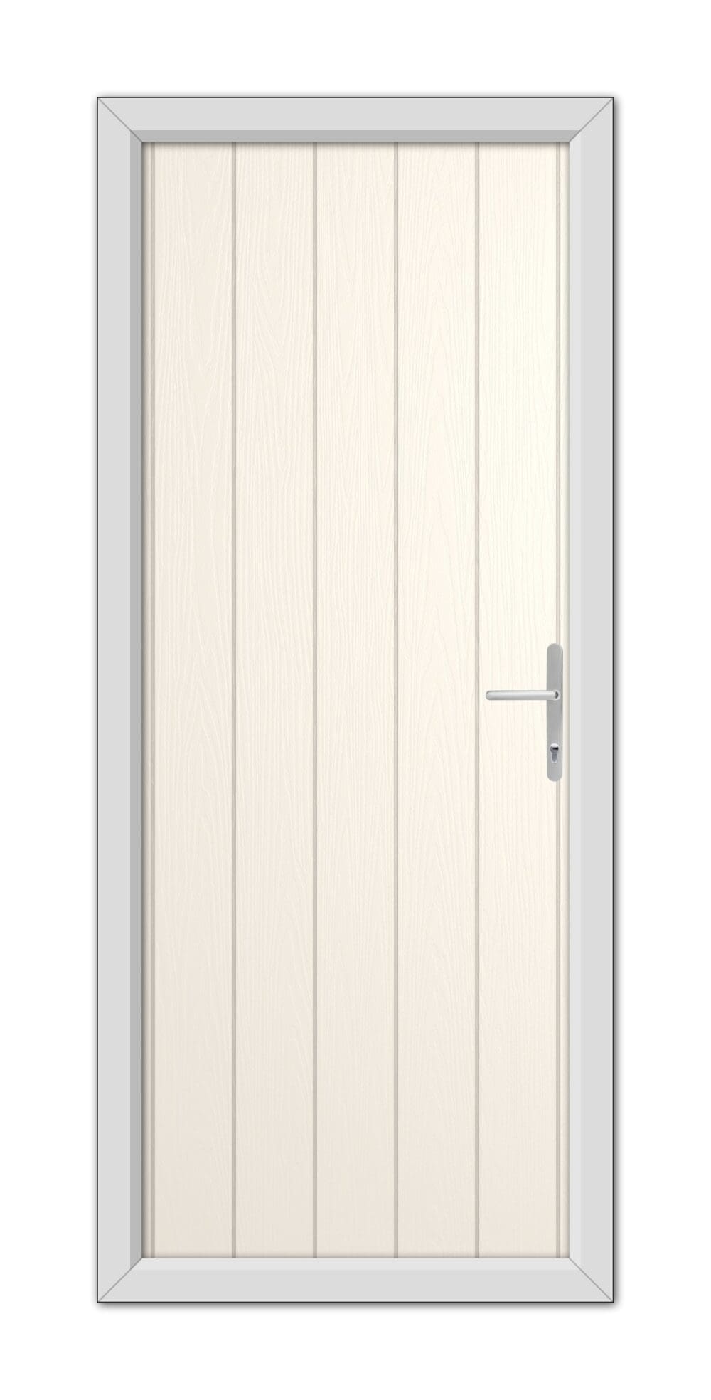 A modern White Foil Gloucester Composite Door 48mm Timber Core with a metal handle, set in a simple gray frame, viewed head-on.