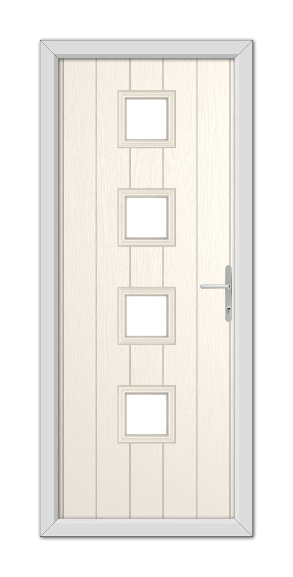 White Foil Hamilton Composite Door 48mm Timber Core with four glass panels and a metal handle, framed within a gray door frame.