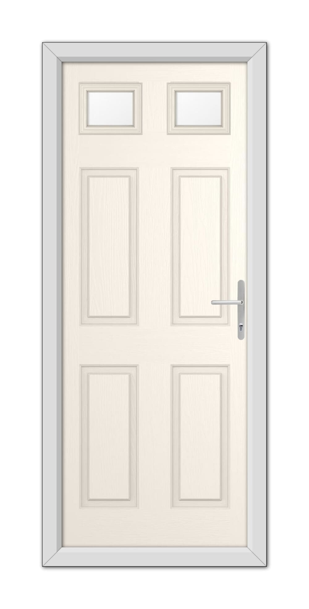 A modern White Foil Middleton Glazed 2 Composite Door 48mm Timber Core with six panels and a metallic handle, set within a gray door frame.