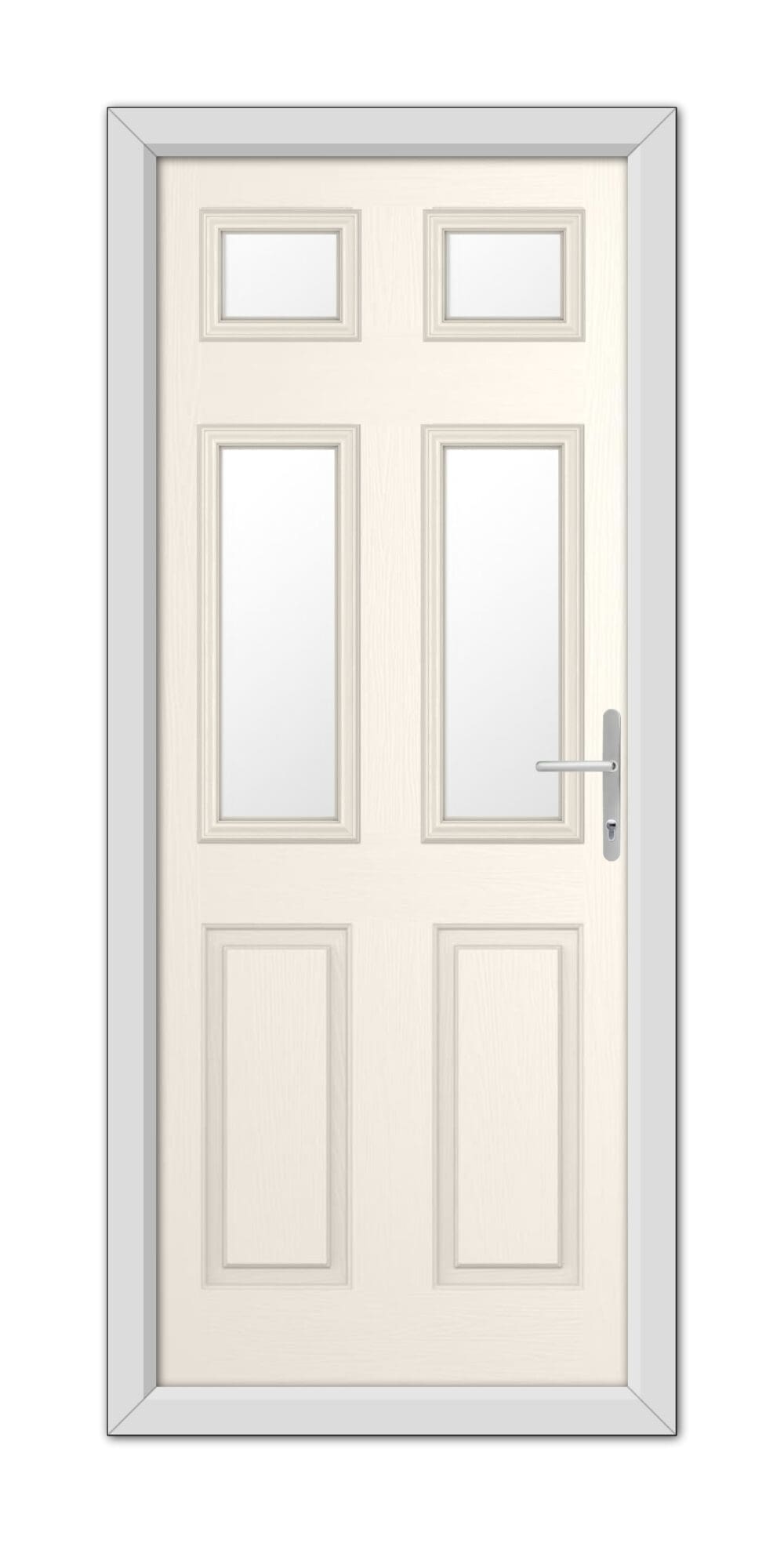 A modern White Foil Middleton Glazed 4 Composite Door 48mm Timber Core featuring six panels, three with glass windows, and a metal handle, set within a simple frame.