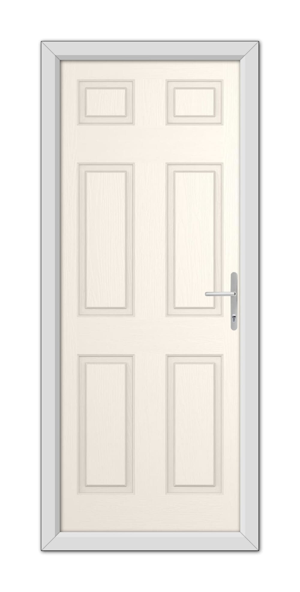 A White Foil Middleton Solid Composite Door 48mm Timber Core with a metal handle, set within a simple frame, viewed frontally against a white background.