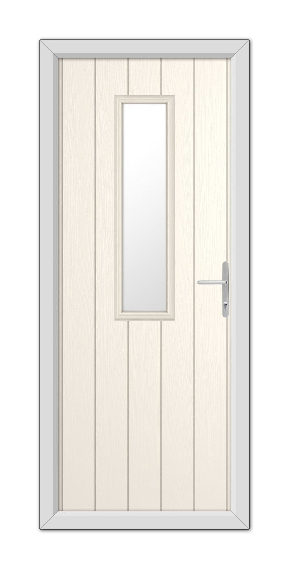 A White Foil Mowbray Composite Door 48mm Timber Core with a vertical glass panel, metal handle, and frame, isolated on a white background.