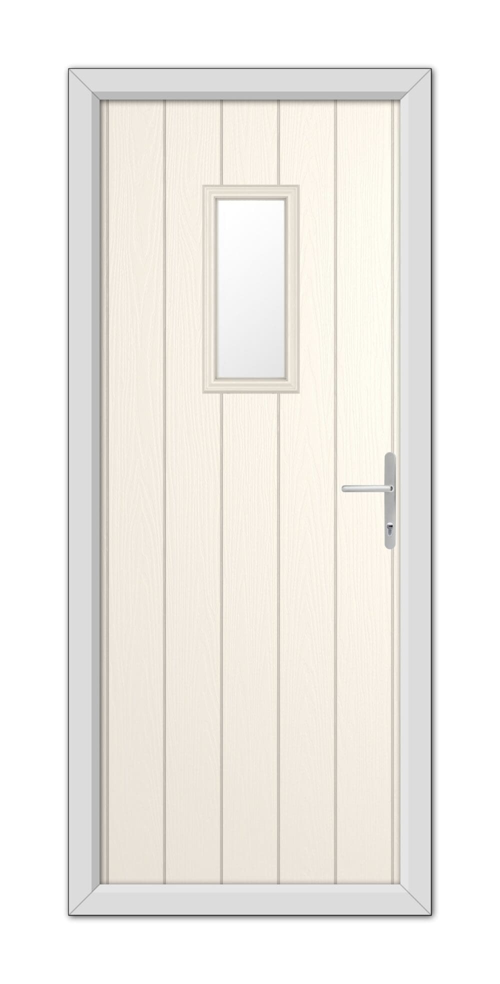 A White Foil Somerset Composite Door 48mm Timber Core with a small square window, framed by a gray doorframe, featuring a modern handle on the right side.