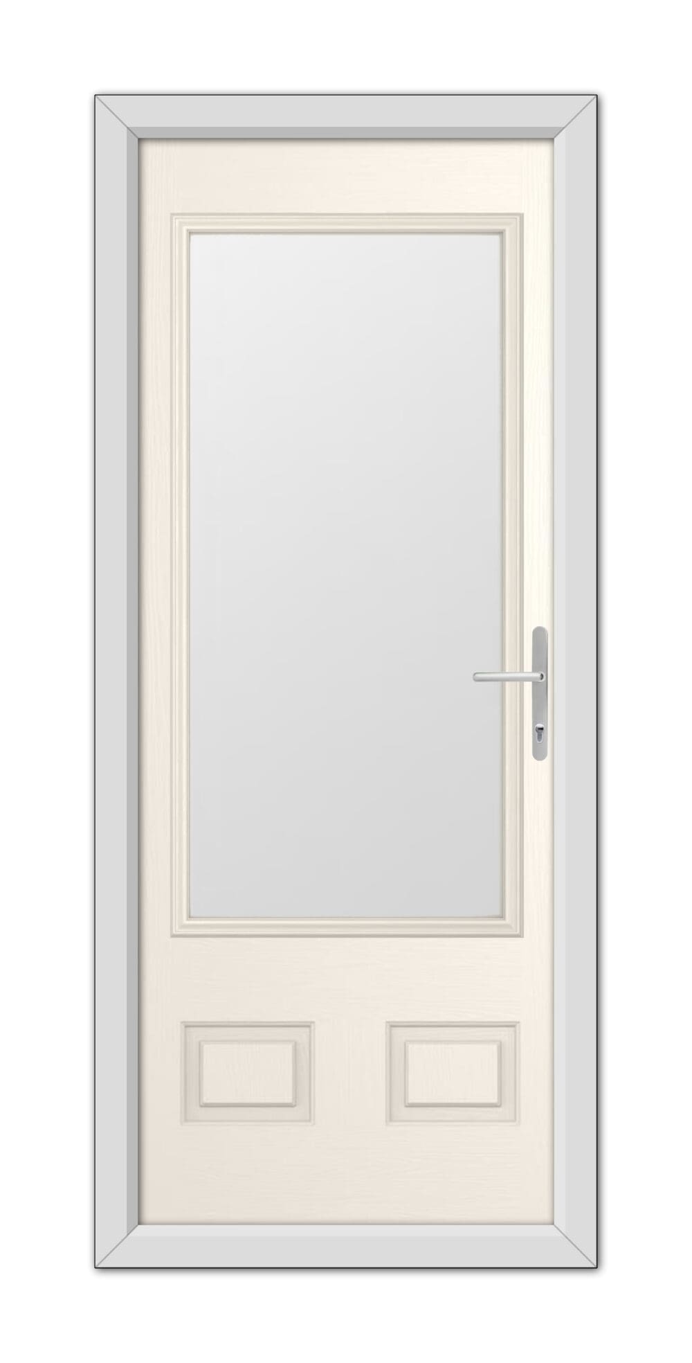 A modern White Foil Walcot Composite Door with a rectangular frosted glass panel and a silver handle, framed by a simple gray casing.