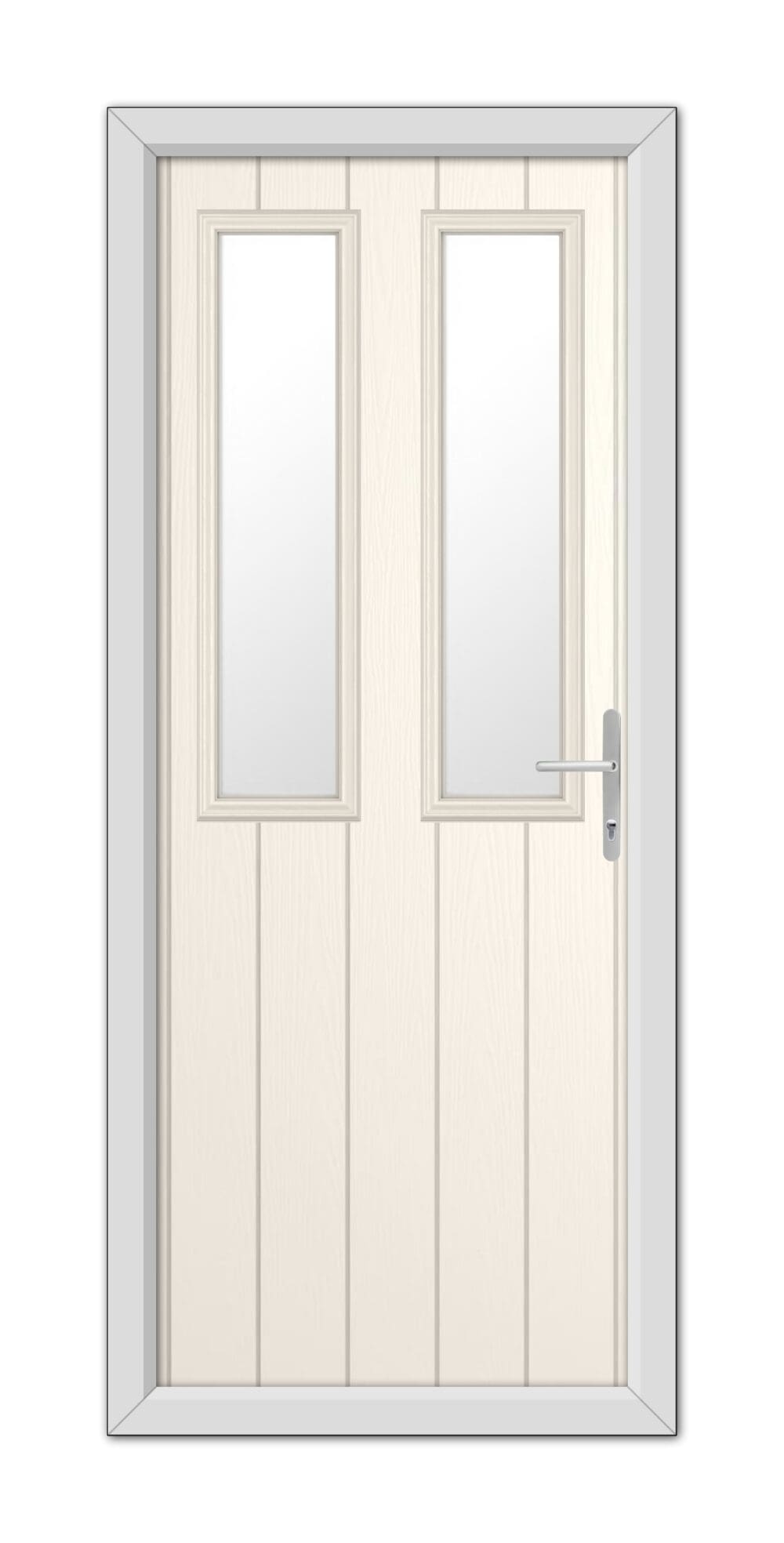 White Foil Wellington Composite Door with glass panels and a metal handle, set within a simple frame, isolated on a white background.