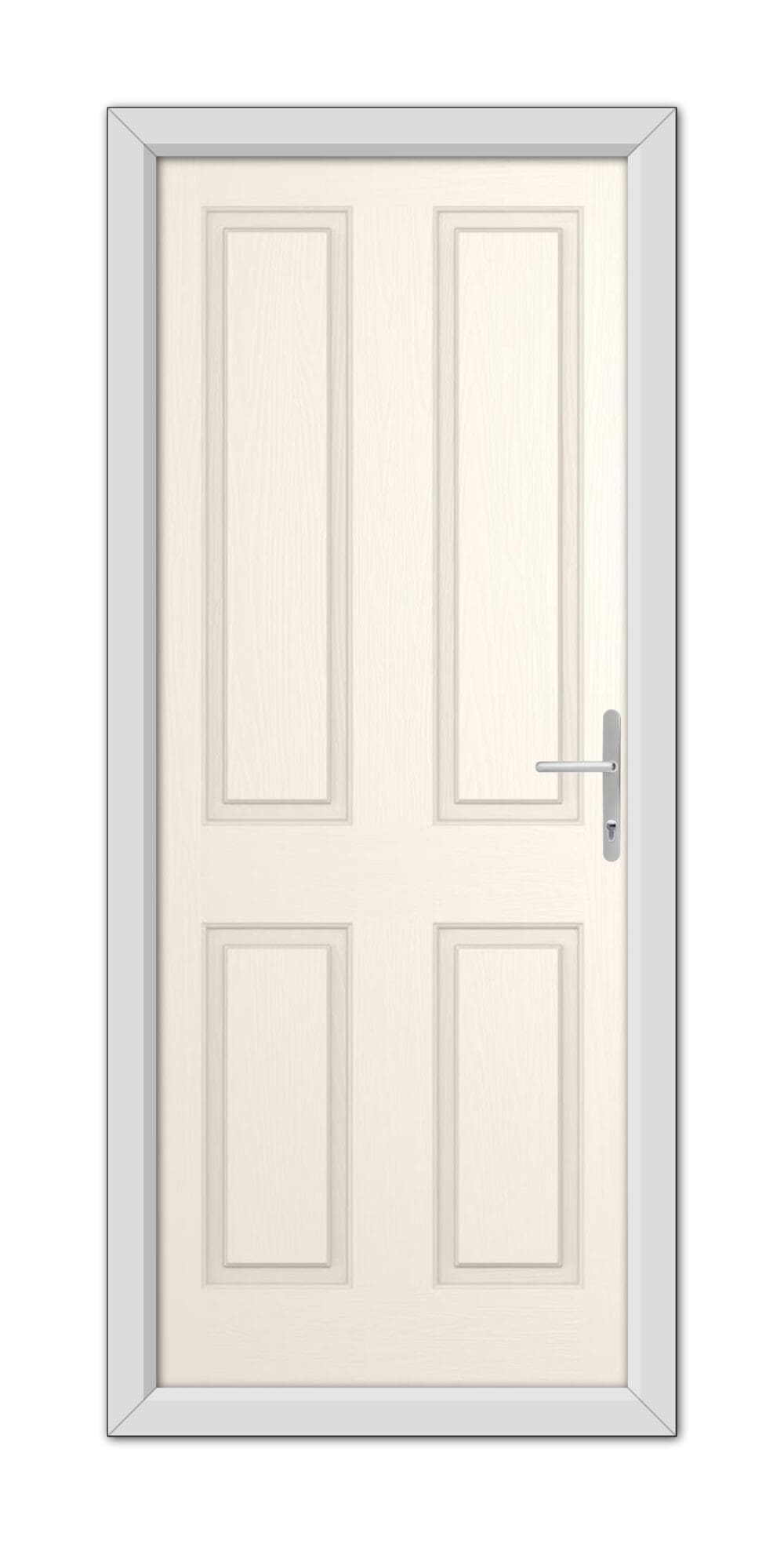 A White Foil Whitmore Solid Composite Door 48mm Timber Core with a metal handle, set within a simple frame, viewed straight on.