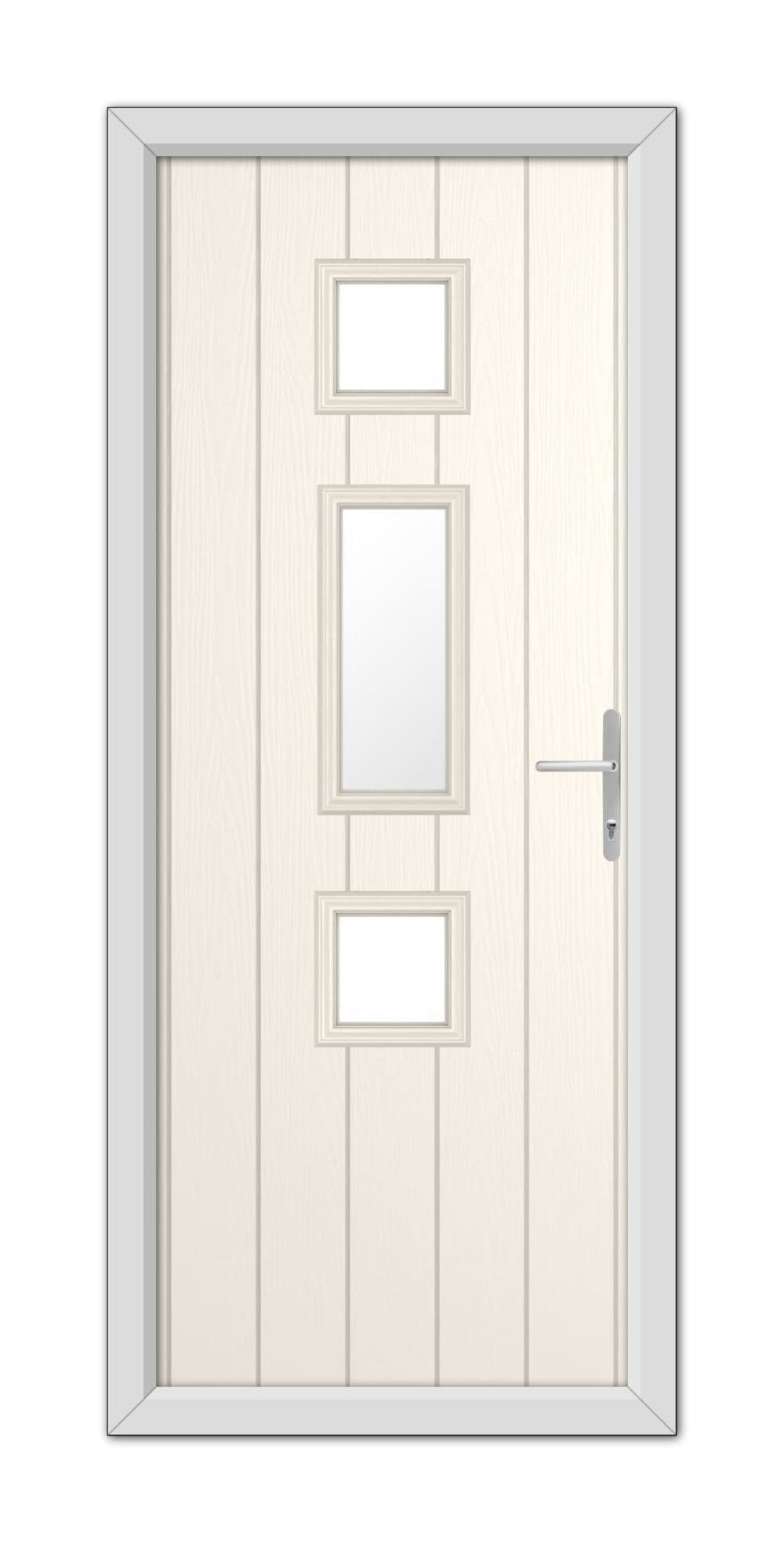 A White Foil York Composite Door 48mm Timber Core with three vertical glass panels and a silver handle, set within a gray frame.