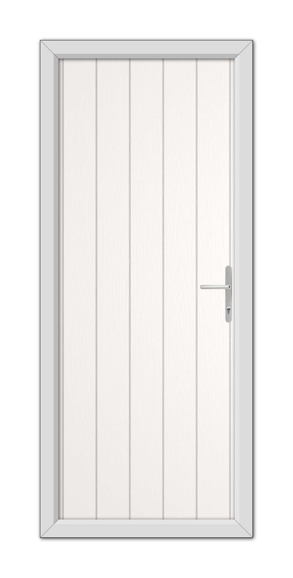 A White Gloucester Composite Door 48mm Timber Core with a simple handle, set within a plain door frame, viewed head-on.