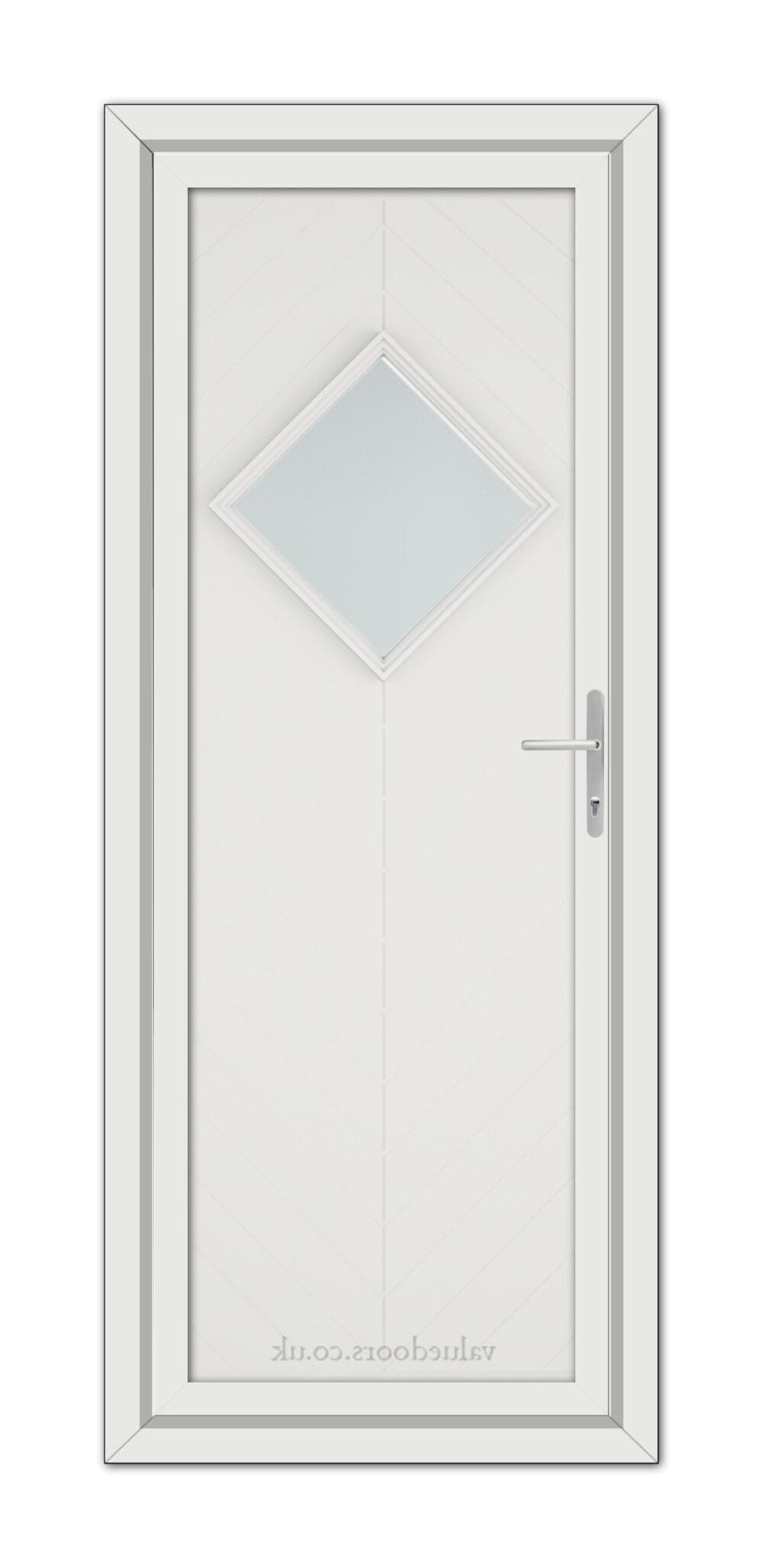 A vertical image of a modern White Hamburg uPVC Door featuring a diamond-shaped glass window at the top and a metallic handle on the right.