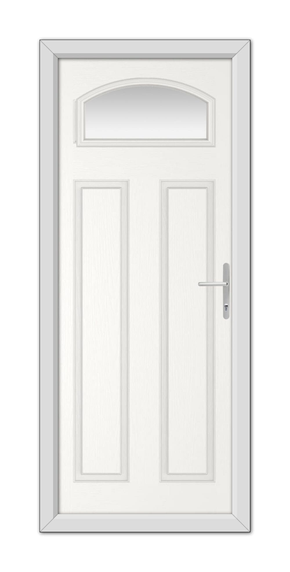 A White Harlington Composite Door 48mm Timber Core with a semi-circular window at the top, metal handle on the right, and a grey frame, isolated on a white background.