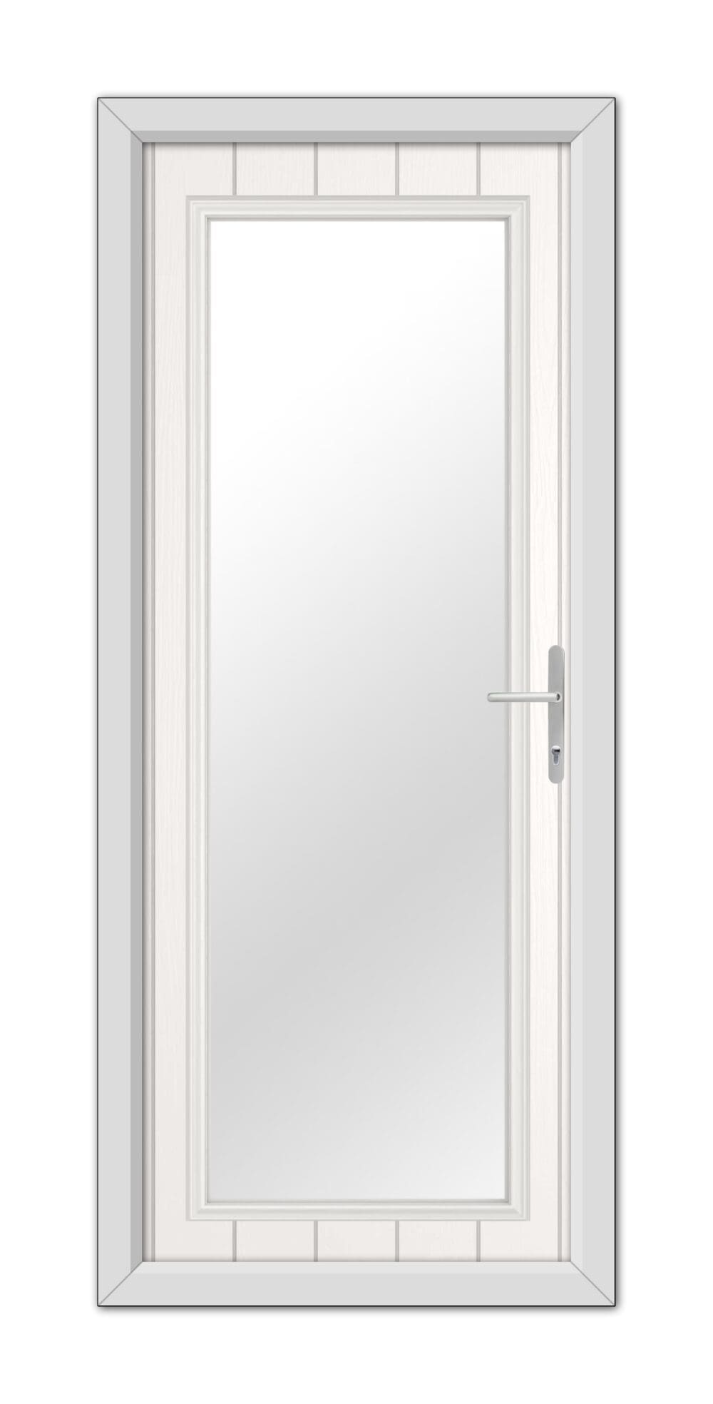 White Hatton Composite Door with a central glass panel and a silver handle on the right side, set in a light gray wall.