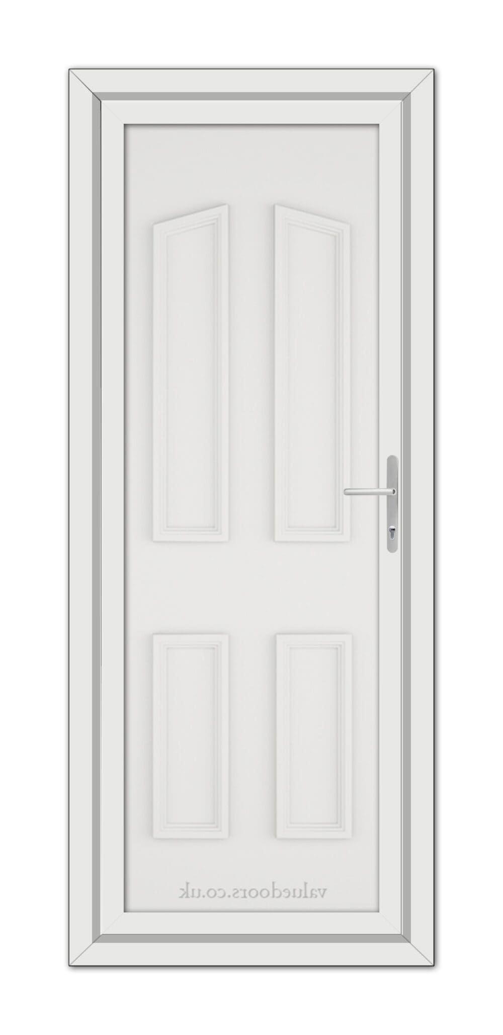 A White Kensington Solid uPVC Door with a silver handle, featuring a six-panel design set within a gray frame, viewed from the front.