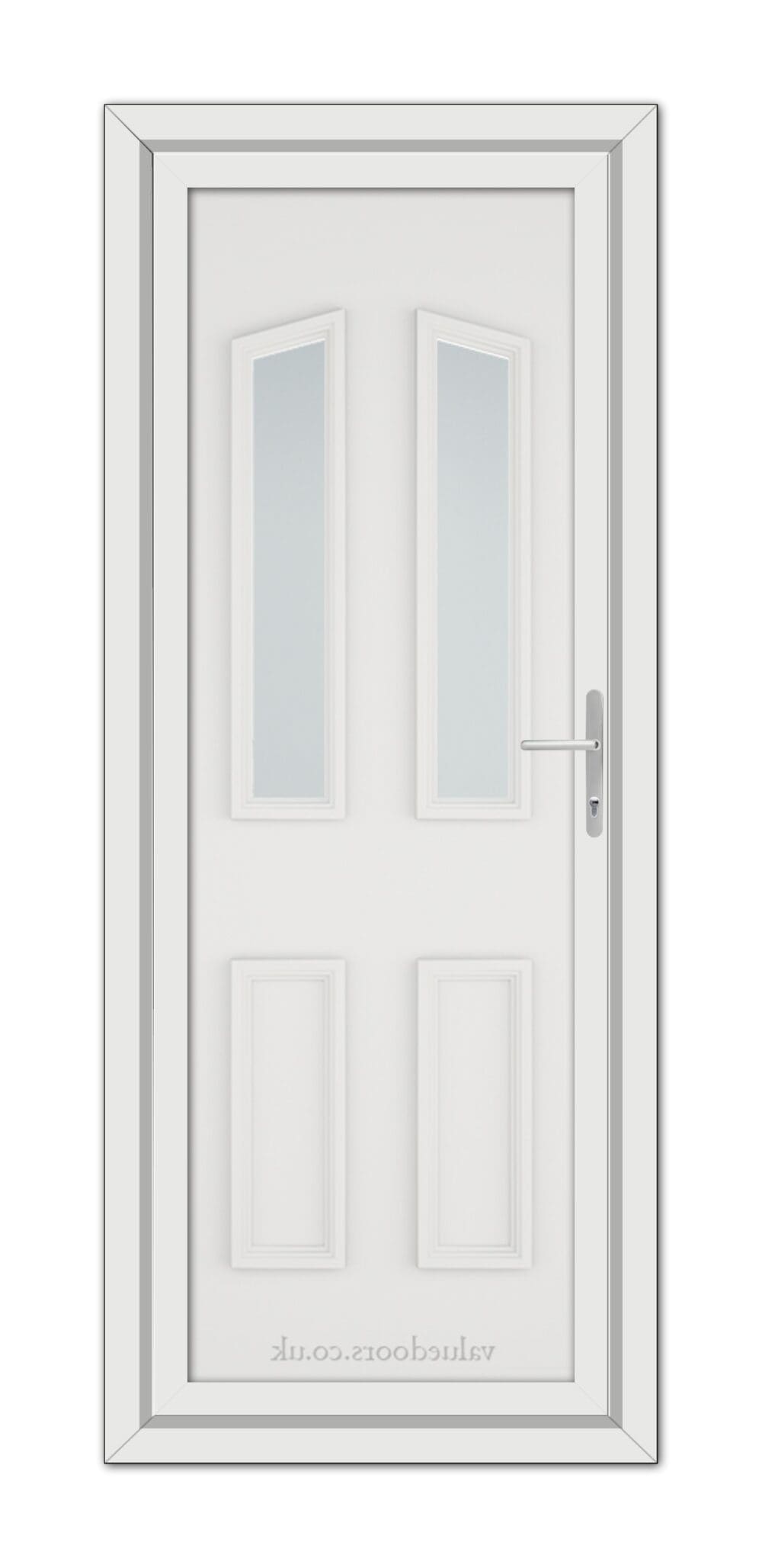 White Kensington uPVC Door with a silver handle and two vertical glass panels, set within a gray frame, viewed from the front.