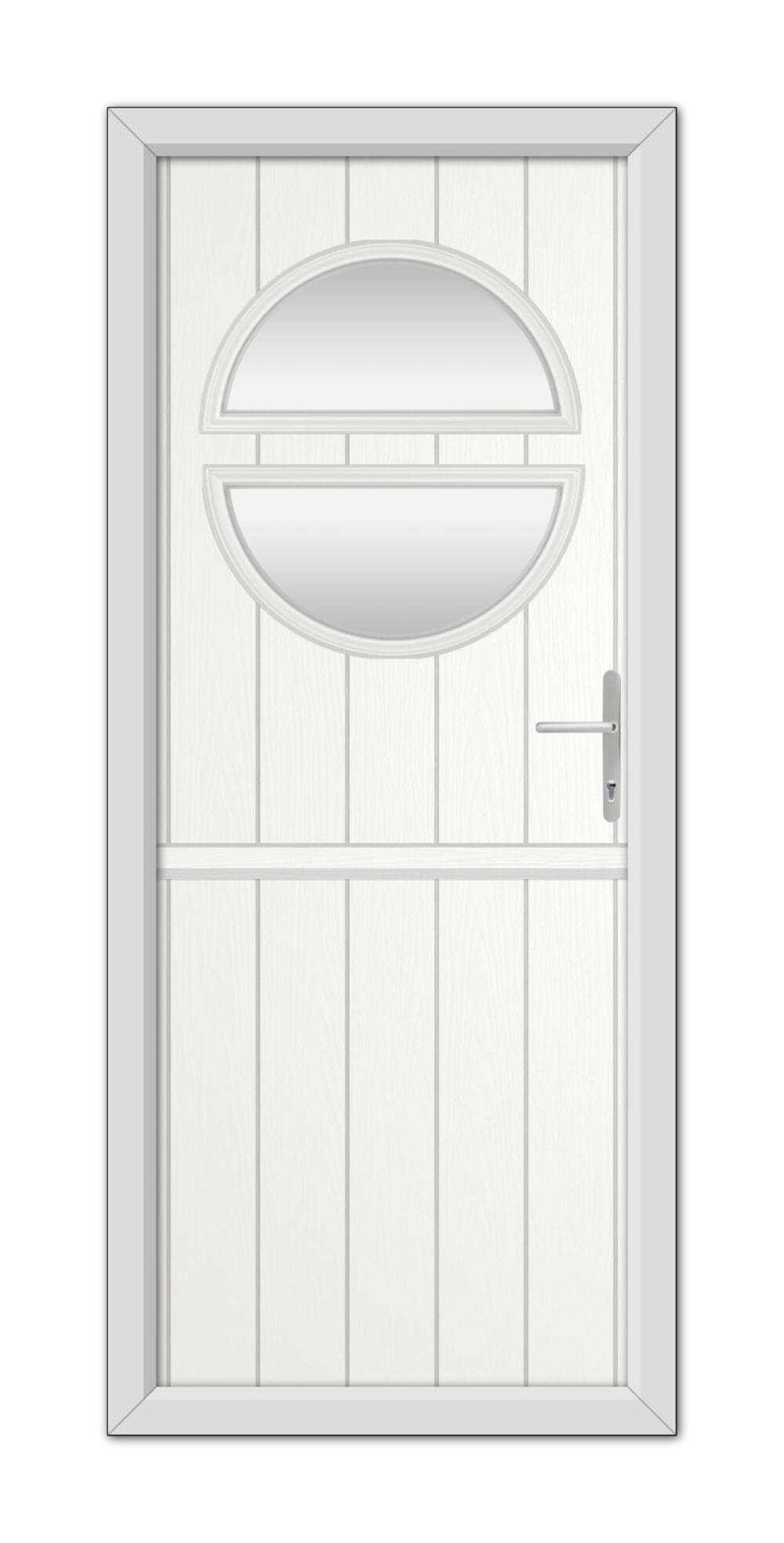 A modern White Kent Stable Composite Door 48mm Timber Core with an oval-shaped glass window at the top and a metal handle on the right side.